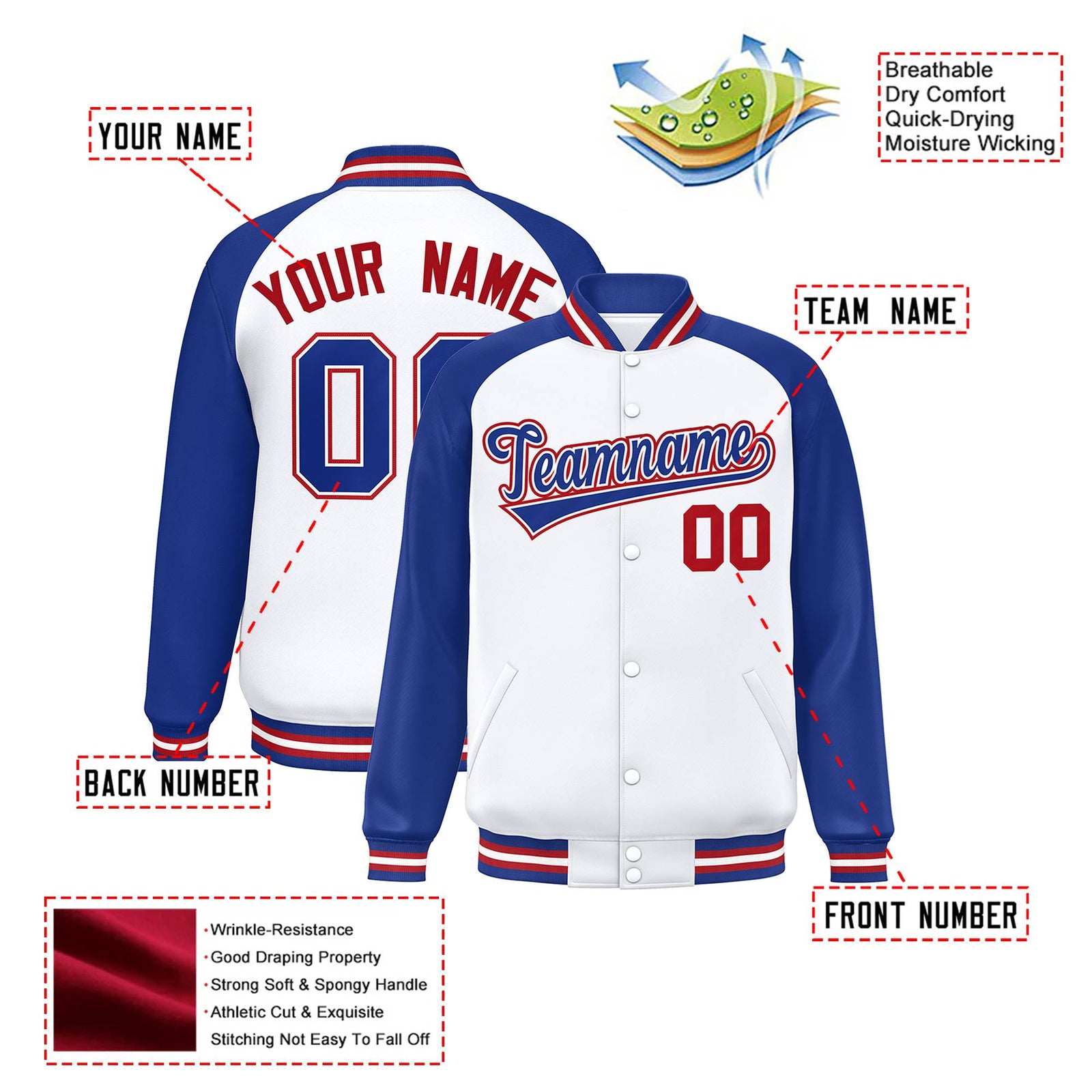 Custom White Thunder-Blue Red Bomber Raglan Sleeves Varsity Letterman Jacket