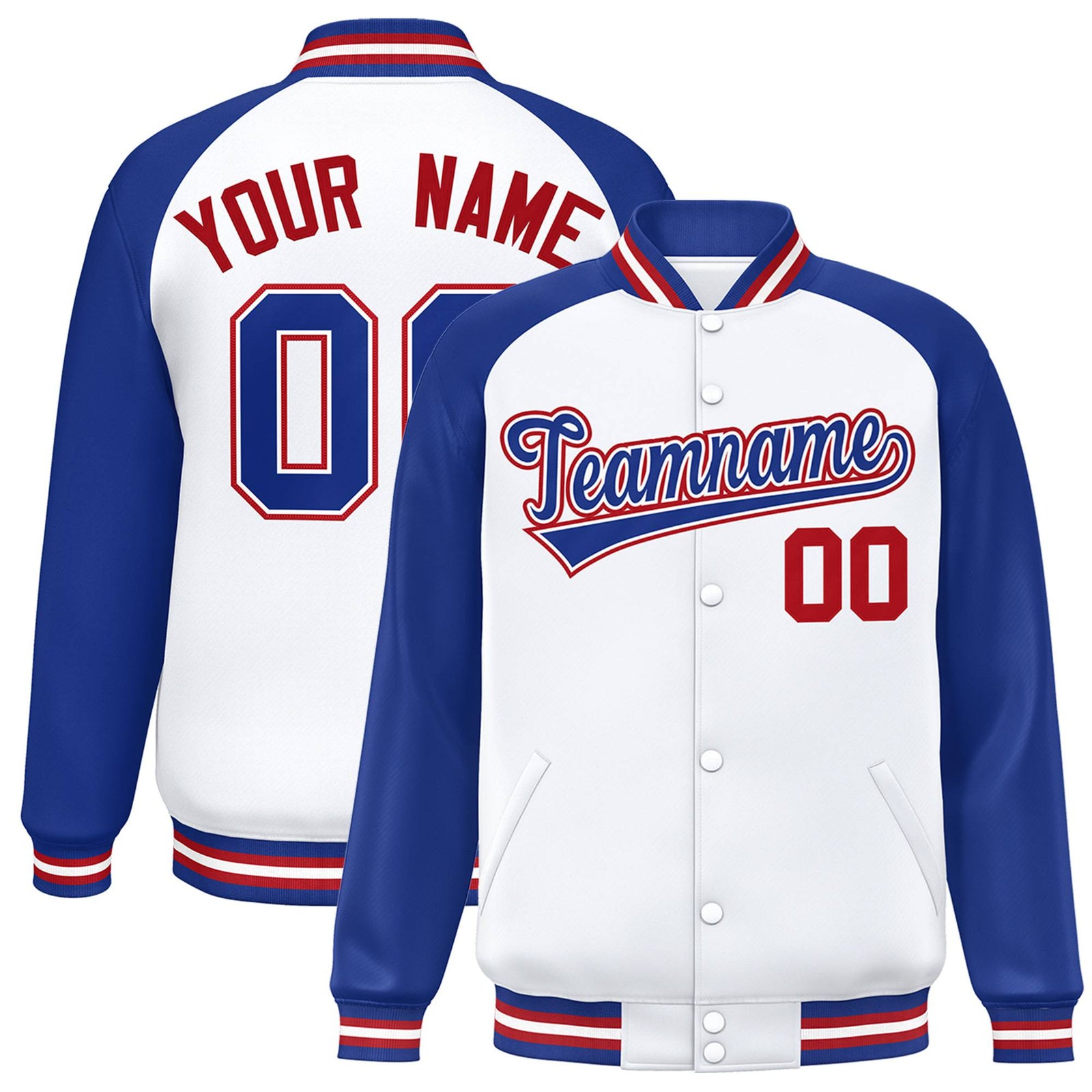 Custom White Thunder-Blue Red Bomber Raglan Sleeves Varsity Letterman Jacket