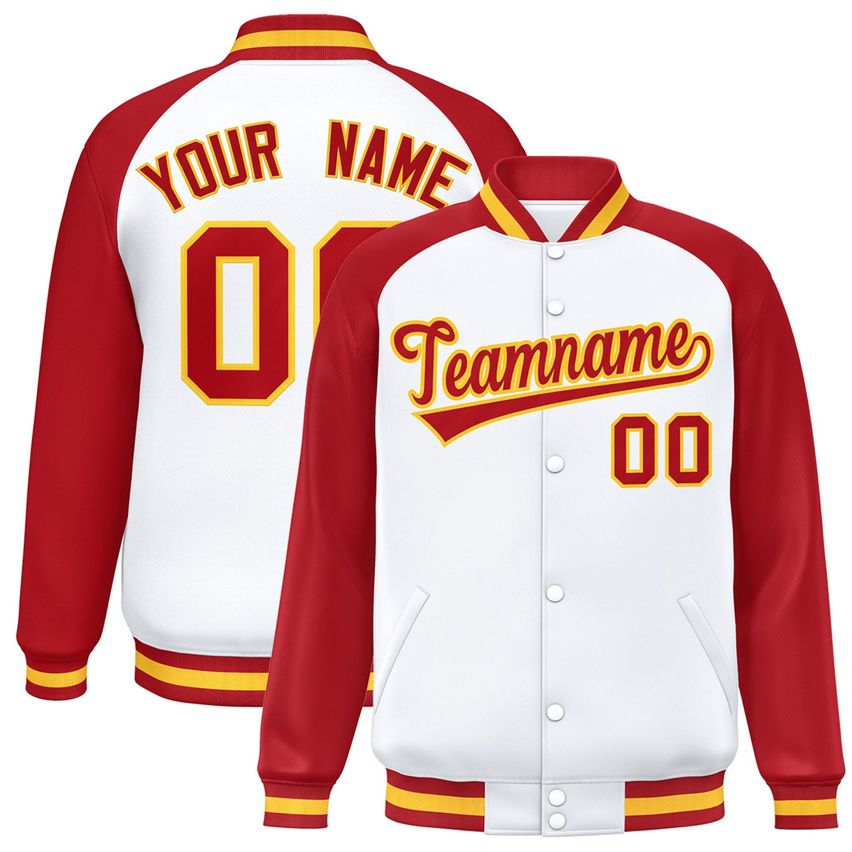 Custom White Red-Yellow Bomber Raglan Sleeves Varsity Letterman Jacket