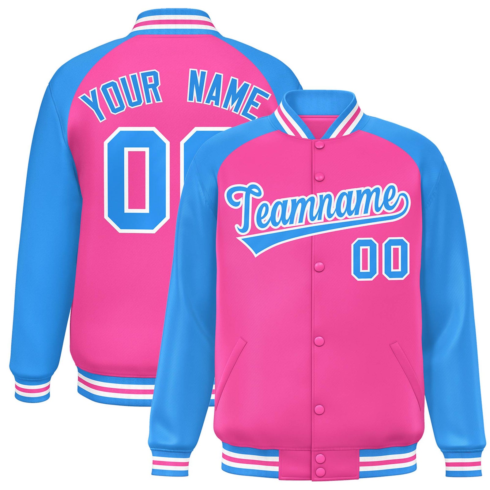 Custom Pink Blue-White Bomber Raglan Sleeves Varsity Letterman Jacket