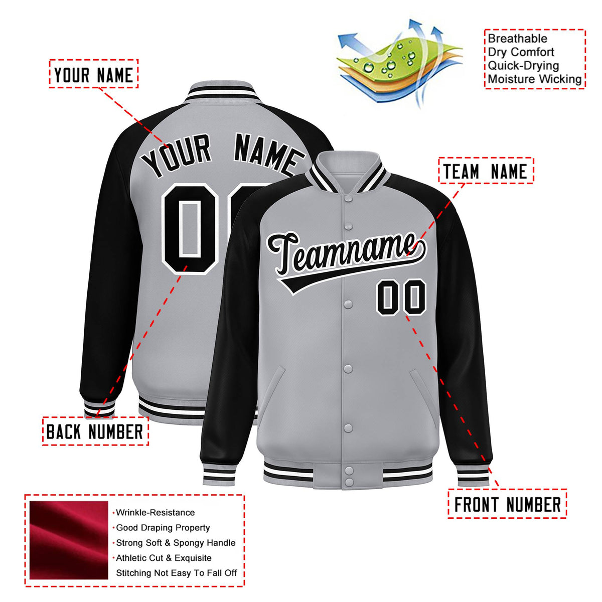 Custom Gray Black-White Bomber Raglan Sleeves Varsity Letterman Jacket