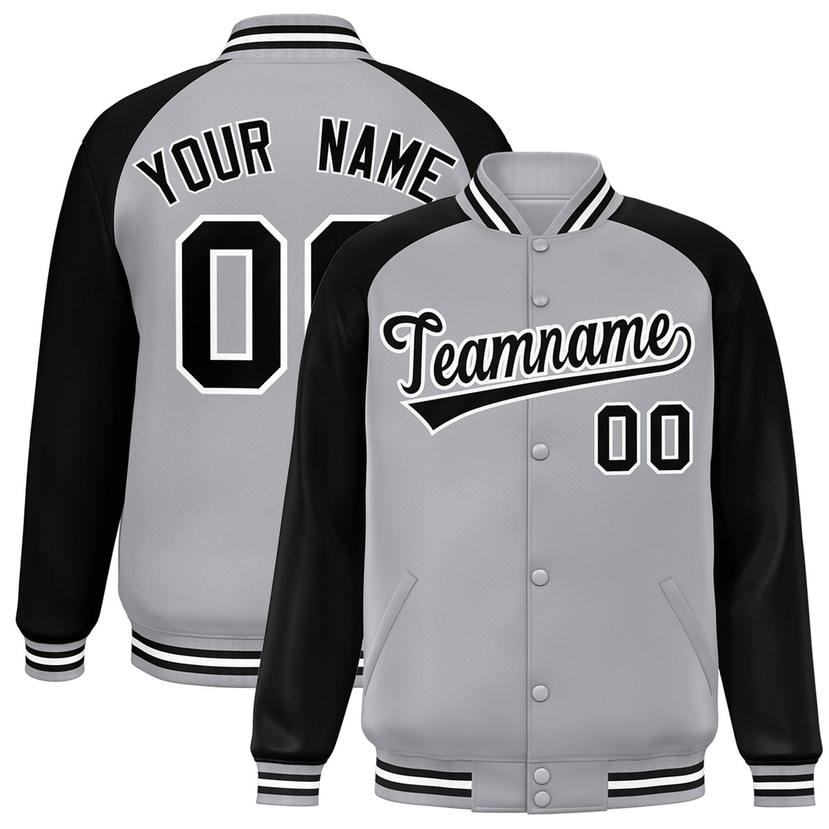Custom Gray Black-White Bomber Raglan Sleeves Varsity Letterman Jacket