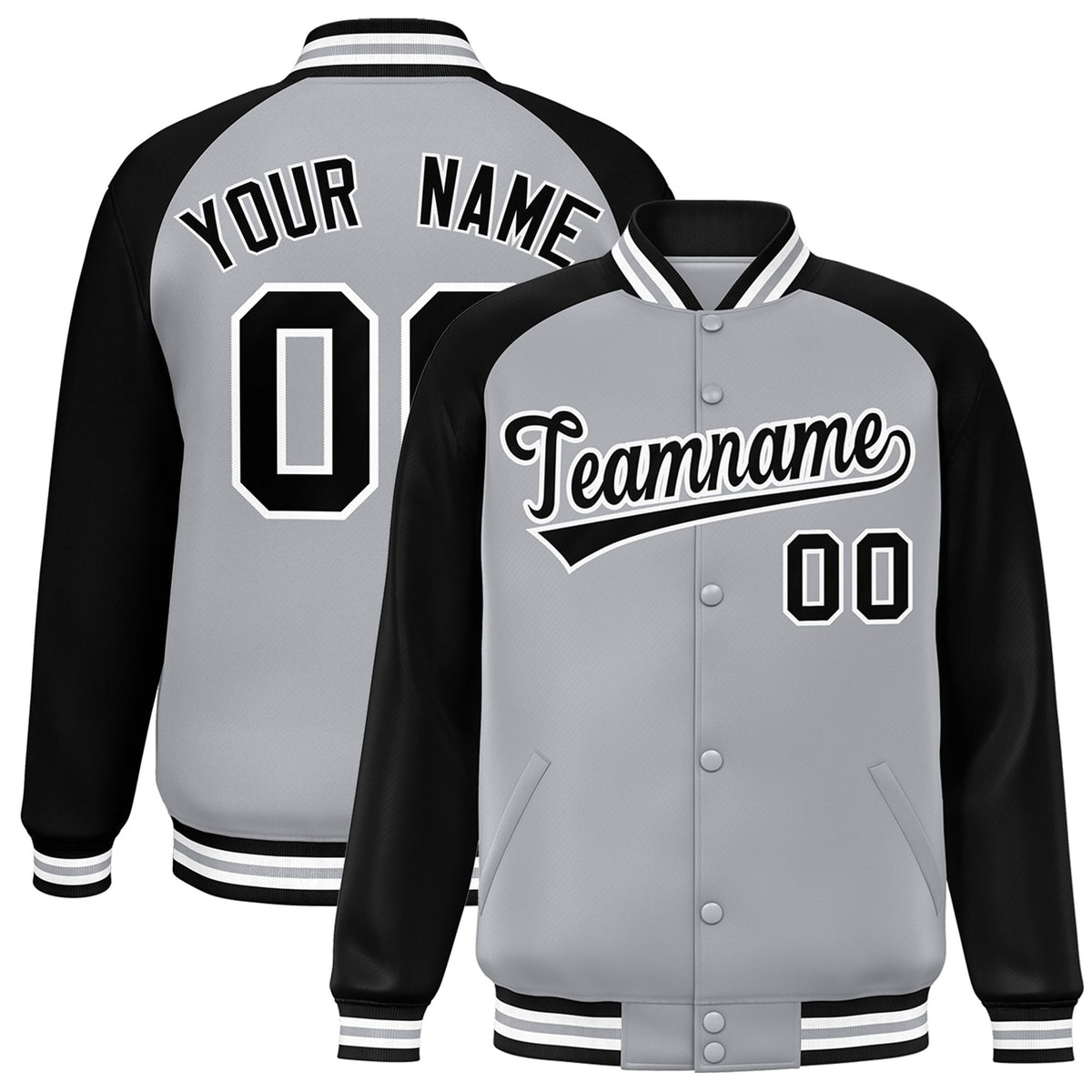 Custom Gray Black-White Gray Bomber Raglan Sleeves Varsity Letterman Jacket