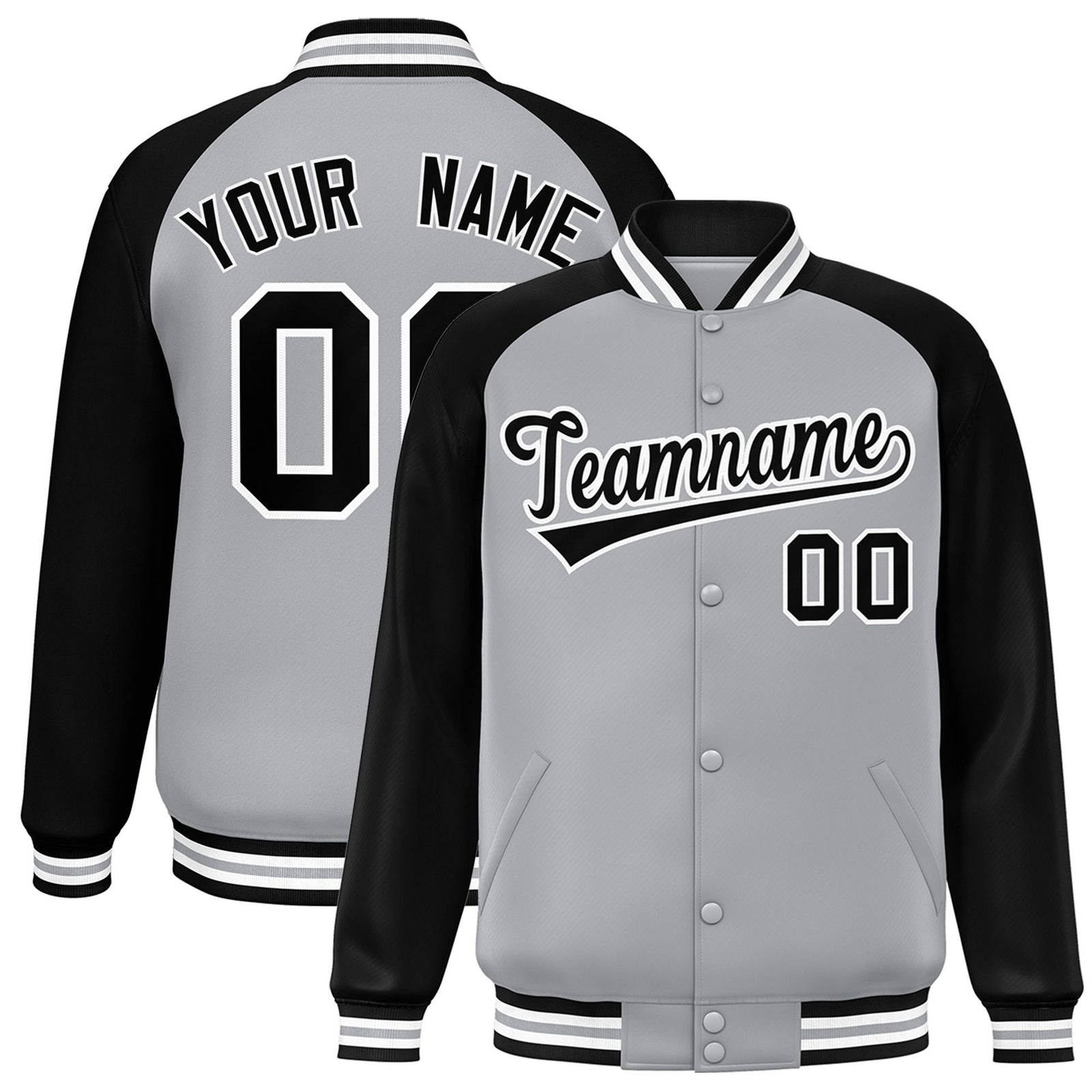 Custom Gray Black-White Gray Bomber Raglan Sleeves Varsity Letterman Jacket