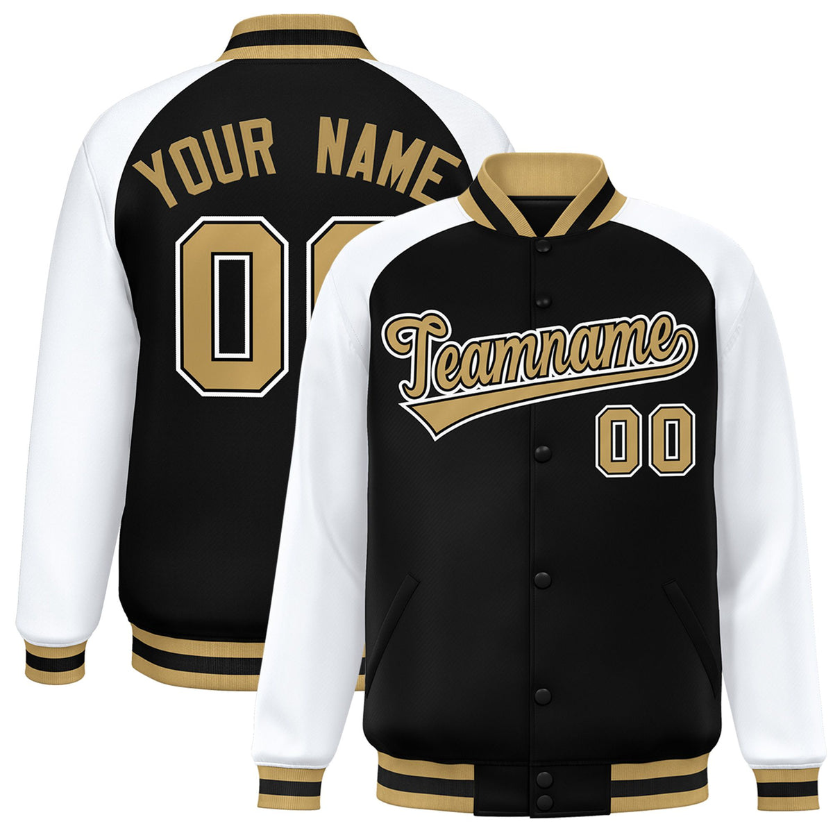 Custom Black White Old-Gold Bomber Raglan Sleeves Varsity Letterman Jacket