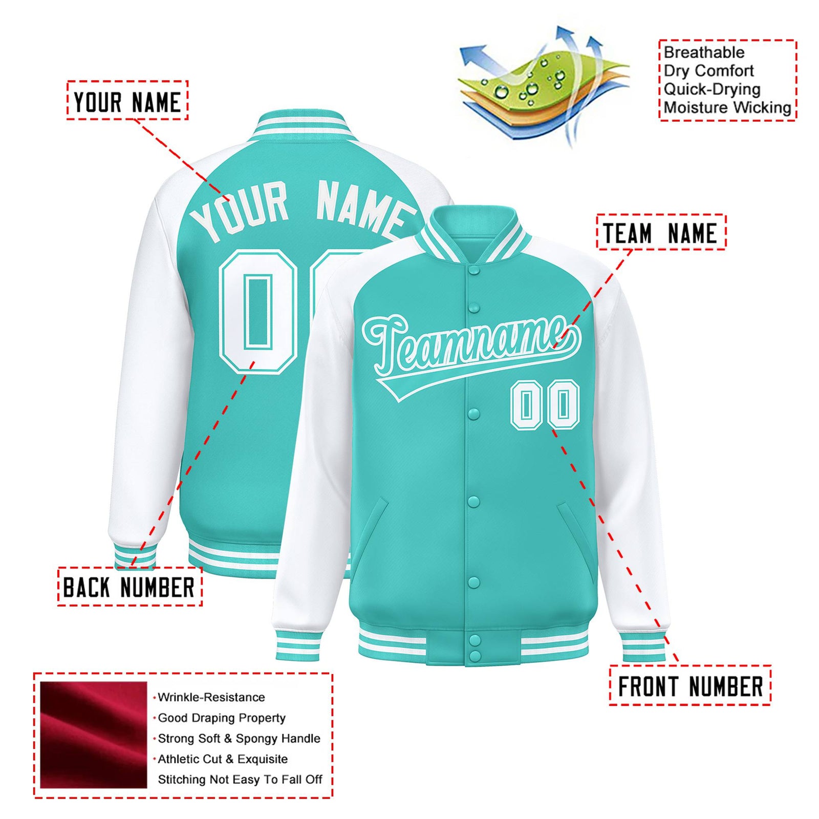 Custom Aqua Aqua-White Bomber Raglan Sleeves Varsity Letterman Jacket