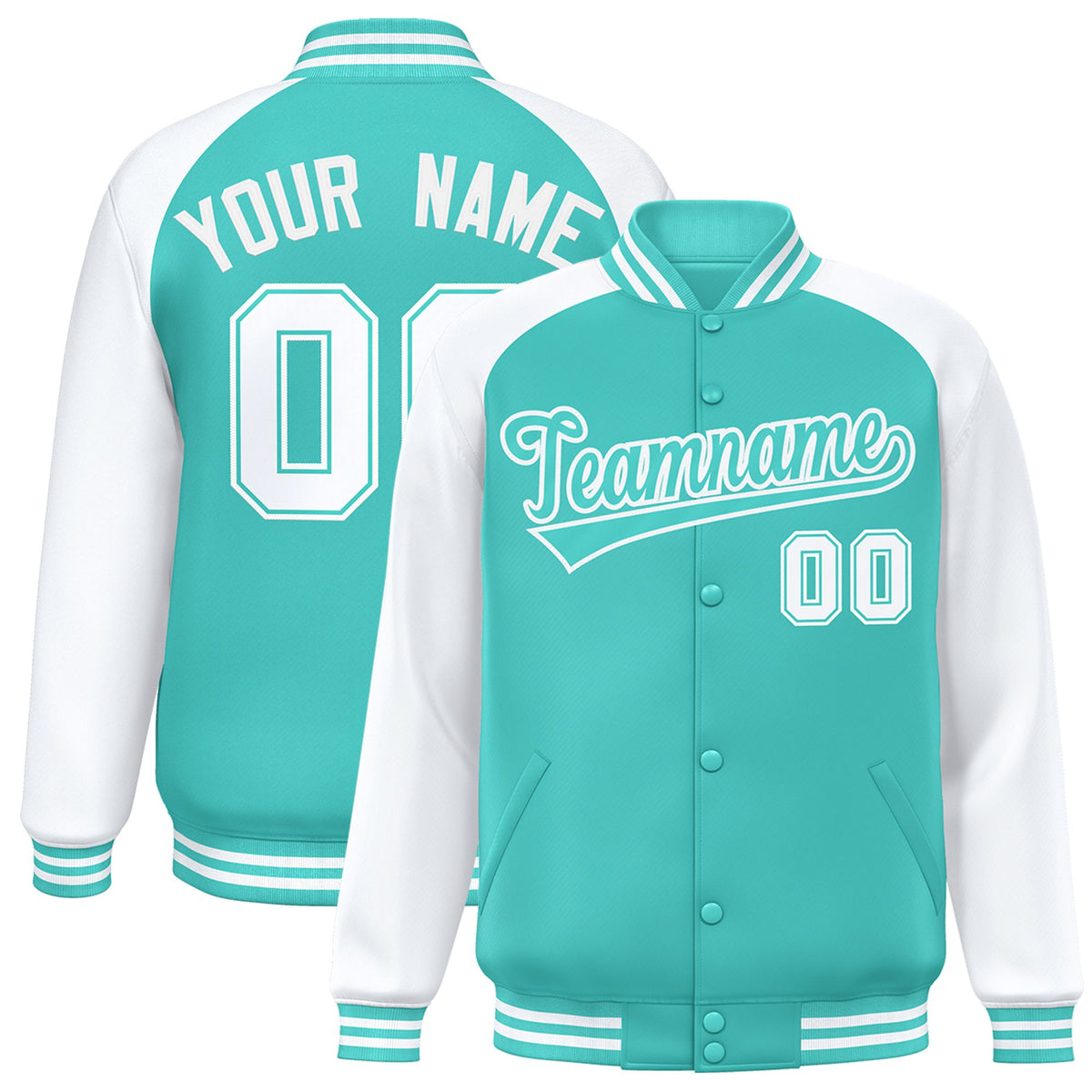 Custom Aqua Aqua-White Bomber Raglan Sleeves Varsity Letterman Jacket