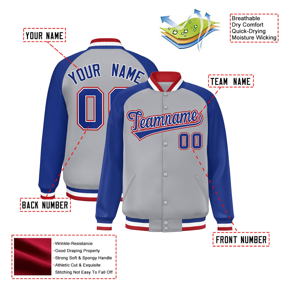 Custom Gray Thunder-Blue Red Bomber Raglan Sleeves Varsity Letterman Jacket