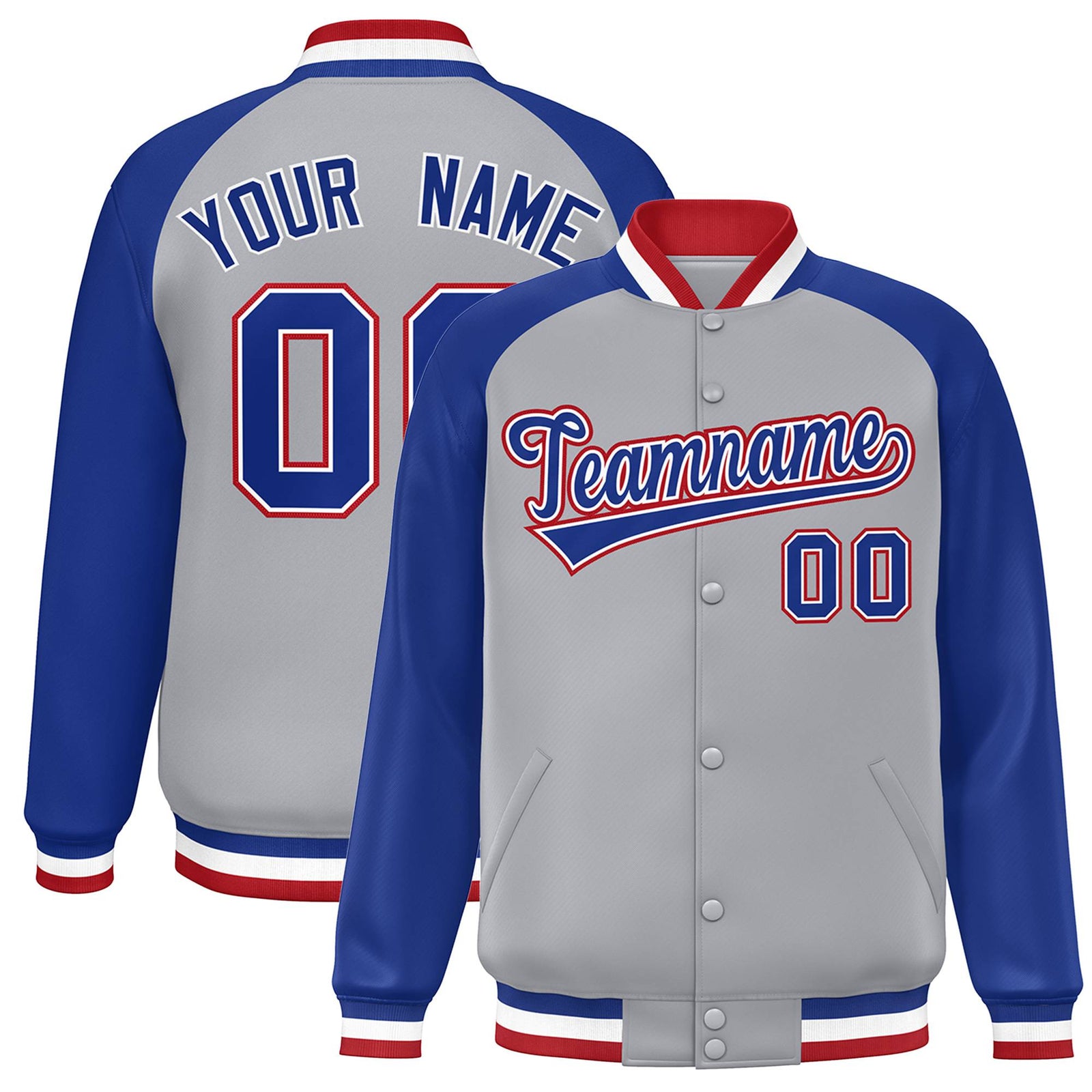 Custom Gray Thunder-Blue Red Bomber Raglan Sleeves Varsity Letterman Jacket