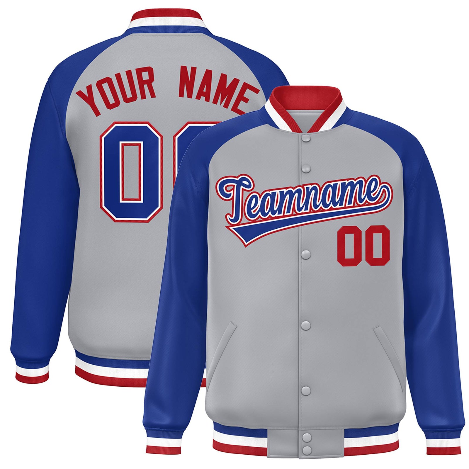 Custom Gray Thunder-Blue Red Bomber Raglan Sleeves Varsity Letterman Jacket