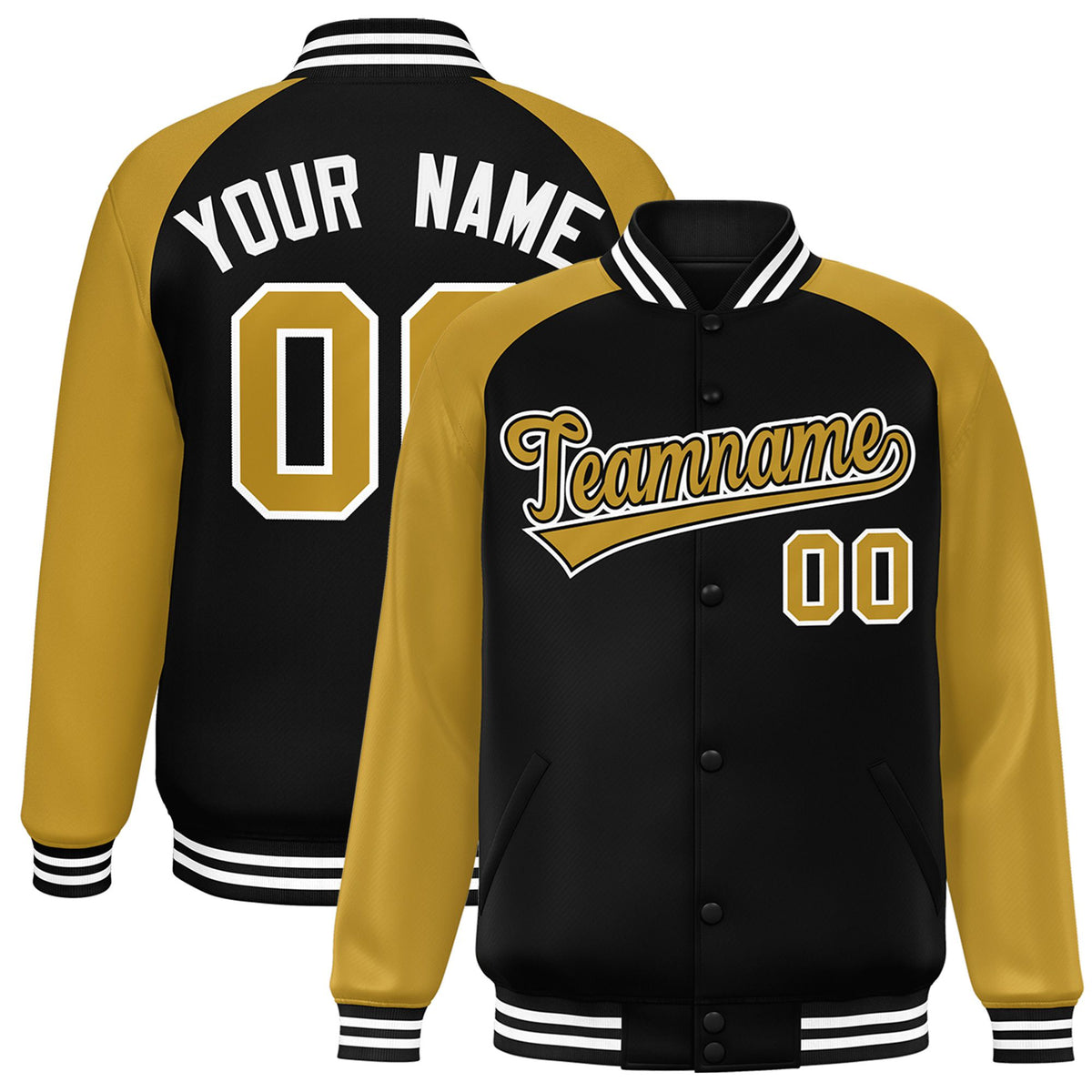 Custom Black Old-Gold White Bomber Raglan Sleeves Varsity Letterman Jacket