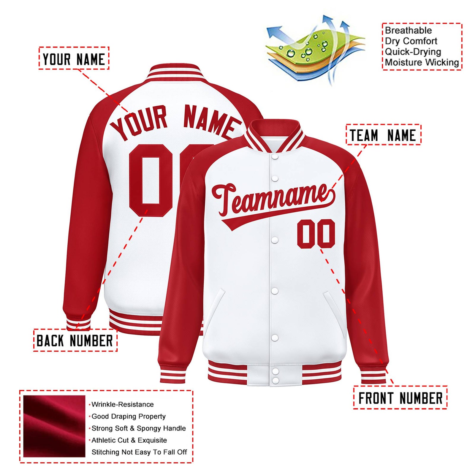 Custom White Royal-Red Bomber Raglan Sleeves Varsity Letterman Jacket