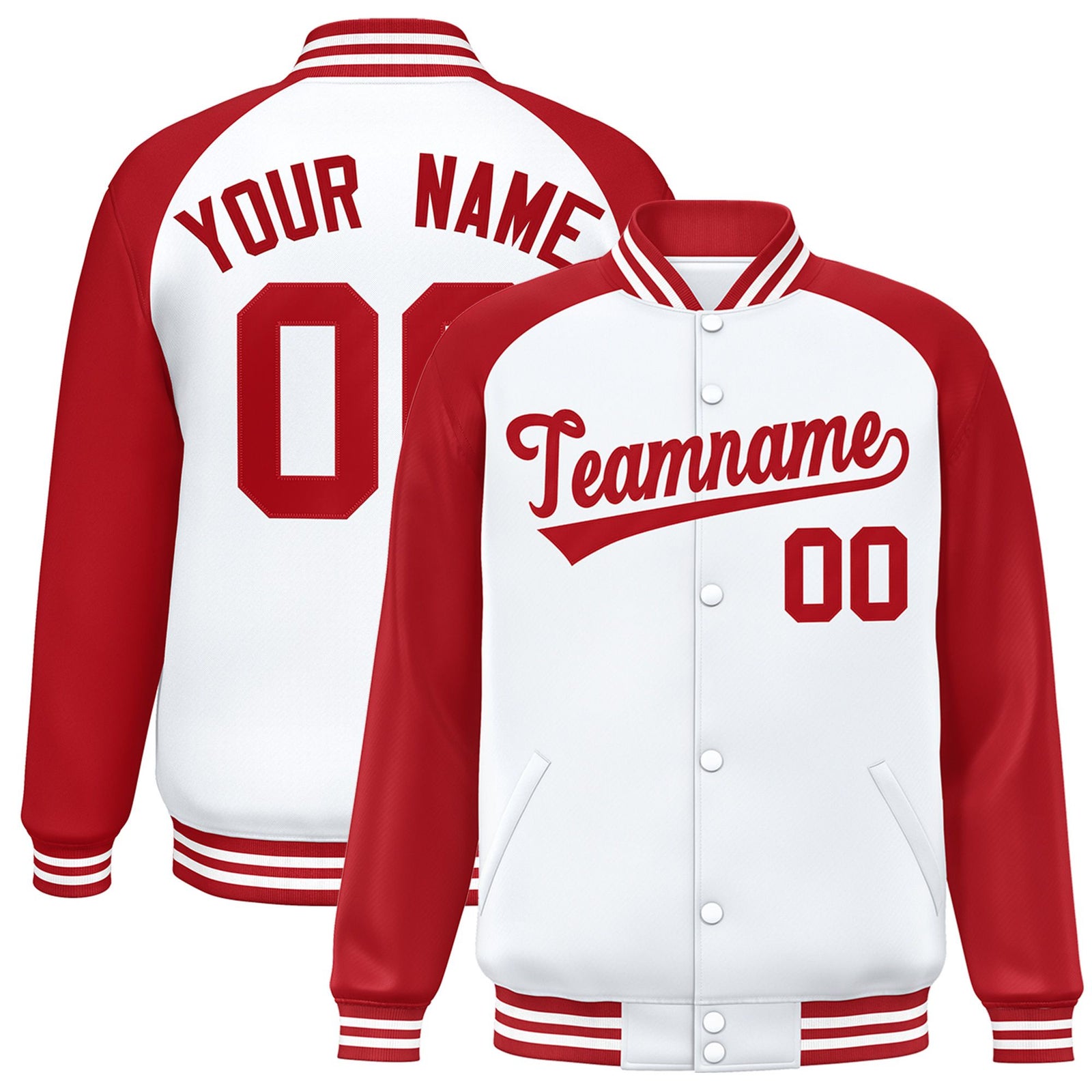 Custom White Royal-Red Bomber Raglan Sleeves Varsity Letterman Jacket