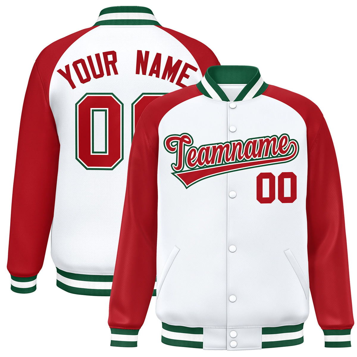 Custom White Royal-Red Green Bomber Raglan Sleeves Varsity Letterman Jacket