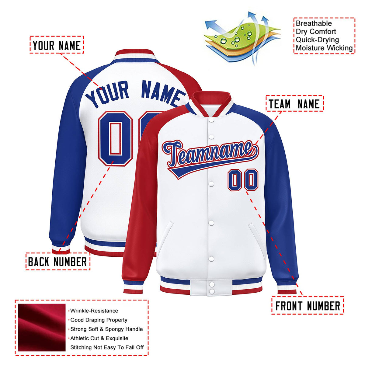 Custom White Royal-Red Thunder-Blue Bomber Raglan Sleeves Varsity Letterman Jacket
