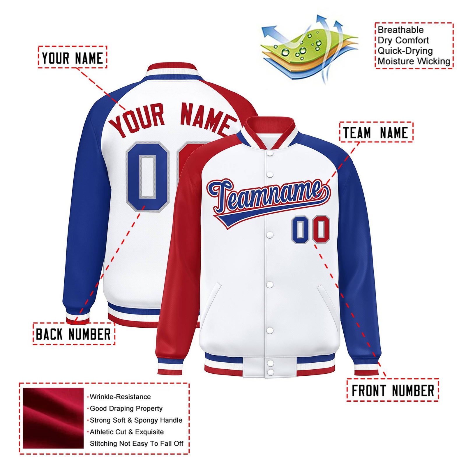 Custom White Royal-Red Thunder-Blue Bomber Raglan Sleeves Varsity Letterman Jacket