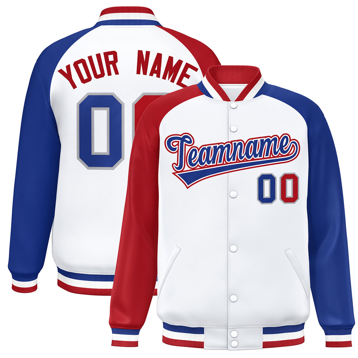 Custom White Royal-Red Thunder-Blue Bomber Raglan Sleeves Varsity Letterman Jacket