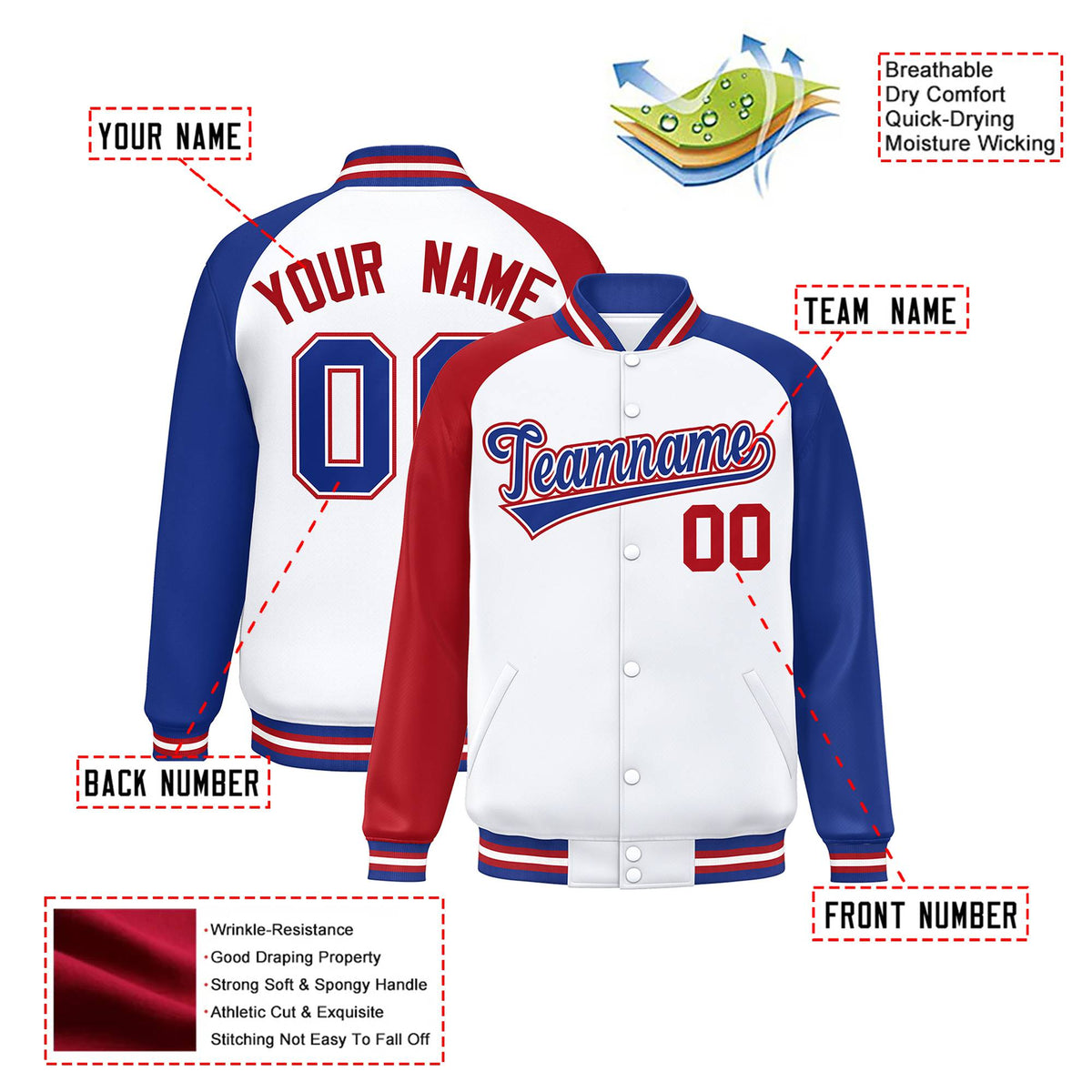 Custom White Royal-Red Thunder-Blue Bomber Raglan Sleeves Varsity Letterman Jacket