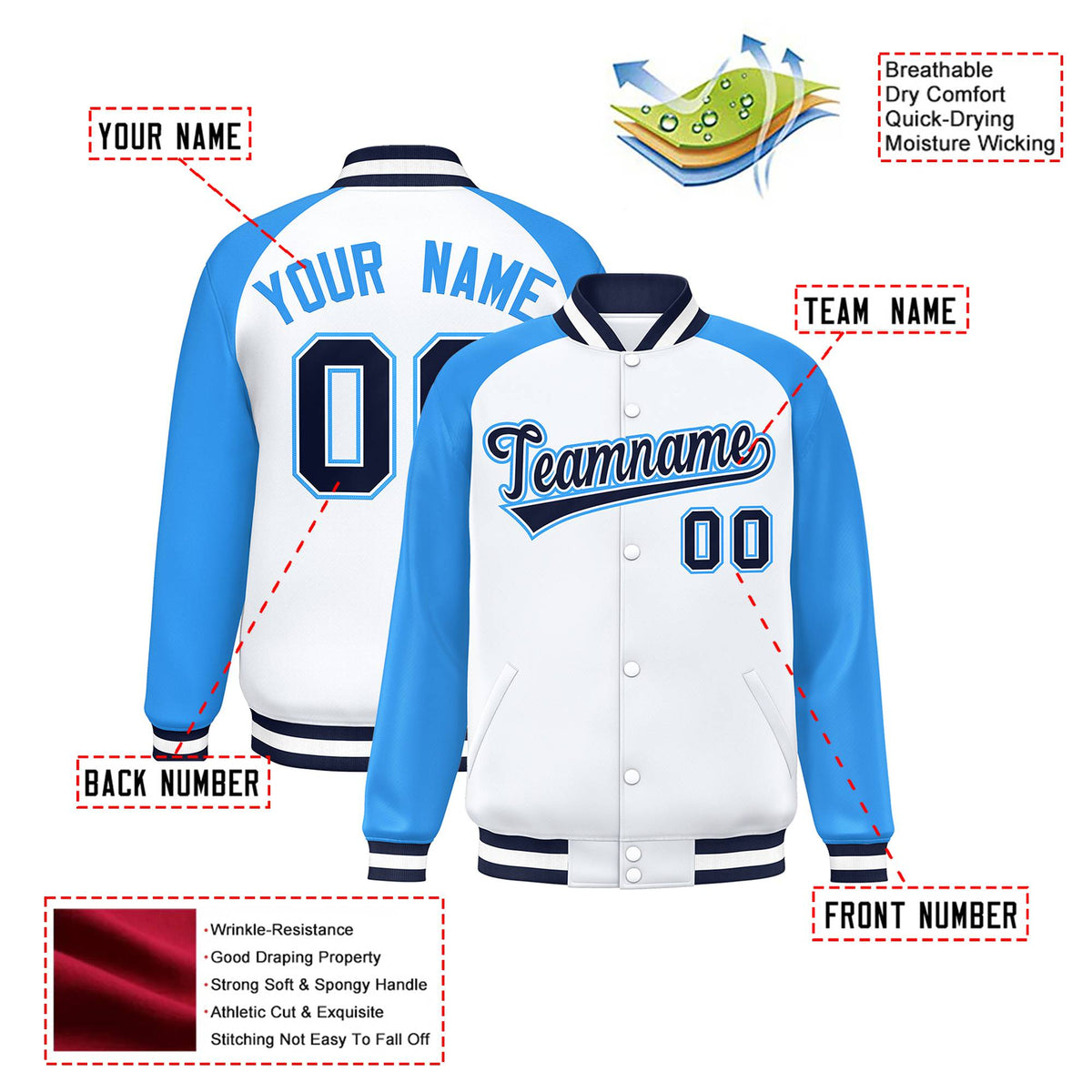 Custom White Light-Blue Black Bomber Raglan Sleeves Varsity Letterman Jacket