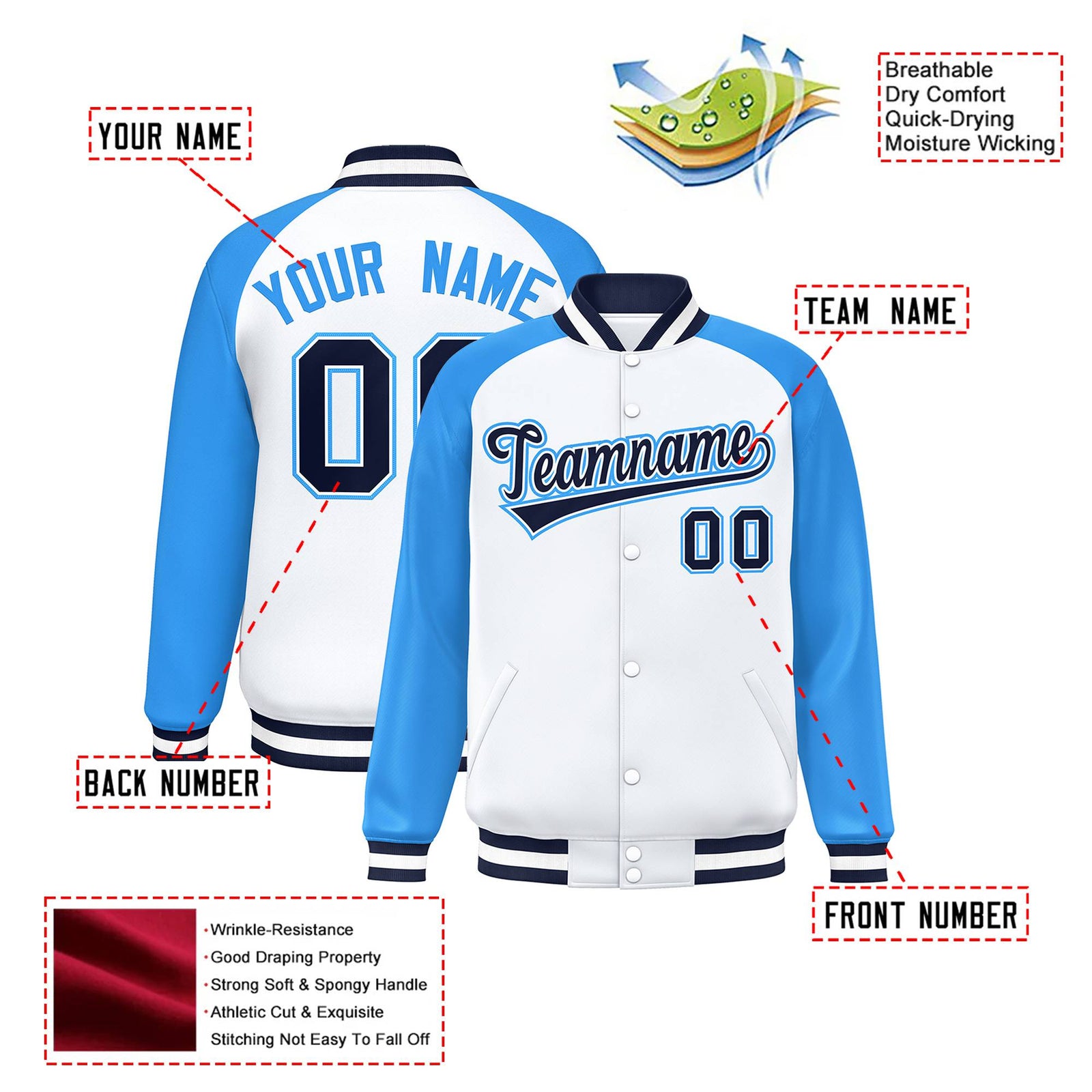Custom White Light-Blue Black Bomber Raglan Sleeves Varsity Letterman Jacket