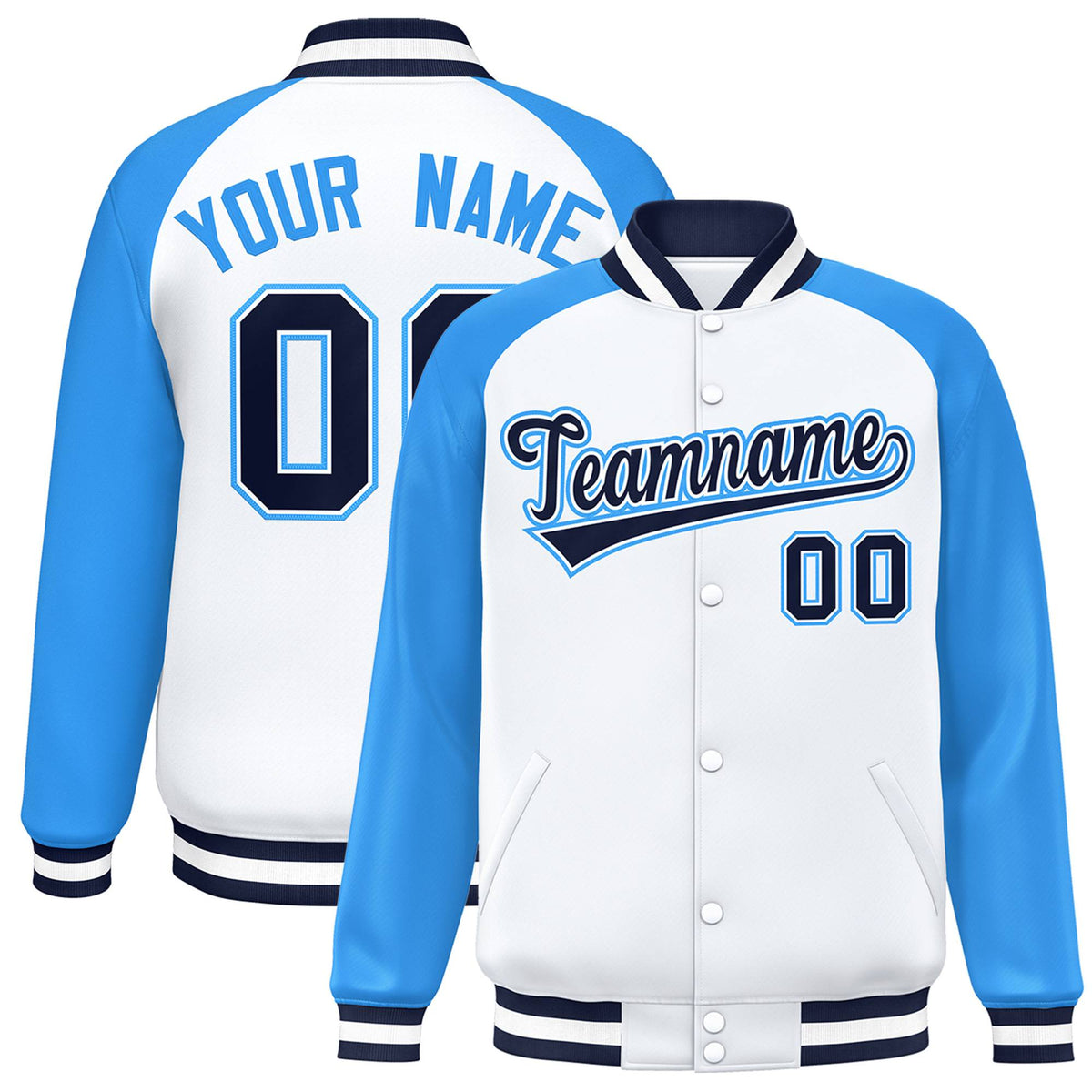 Custom White Light-Blue Black Bomber Raglan Sleeves Varsity Letterman Jacket