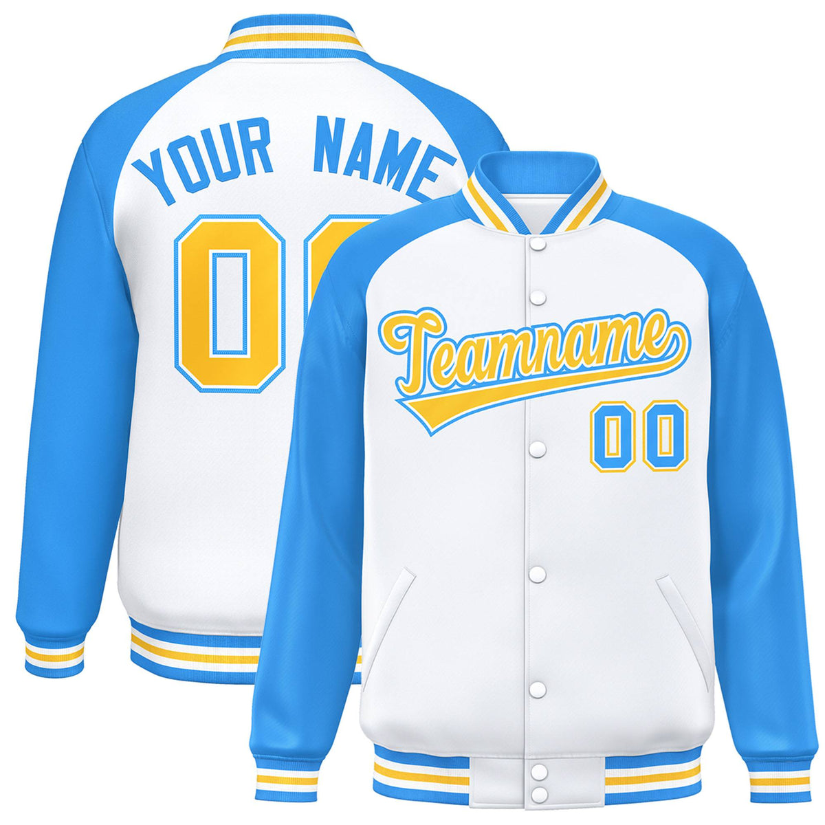 Custom White Light-Blue Yellow Bomber Raglan Sleeves Varsity Letterman Jacket