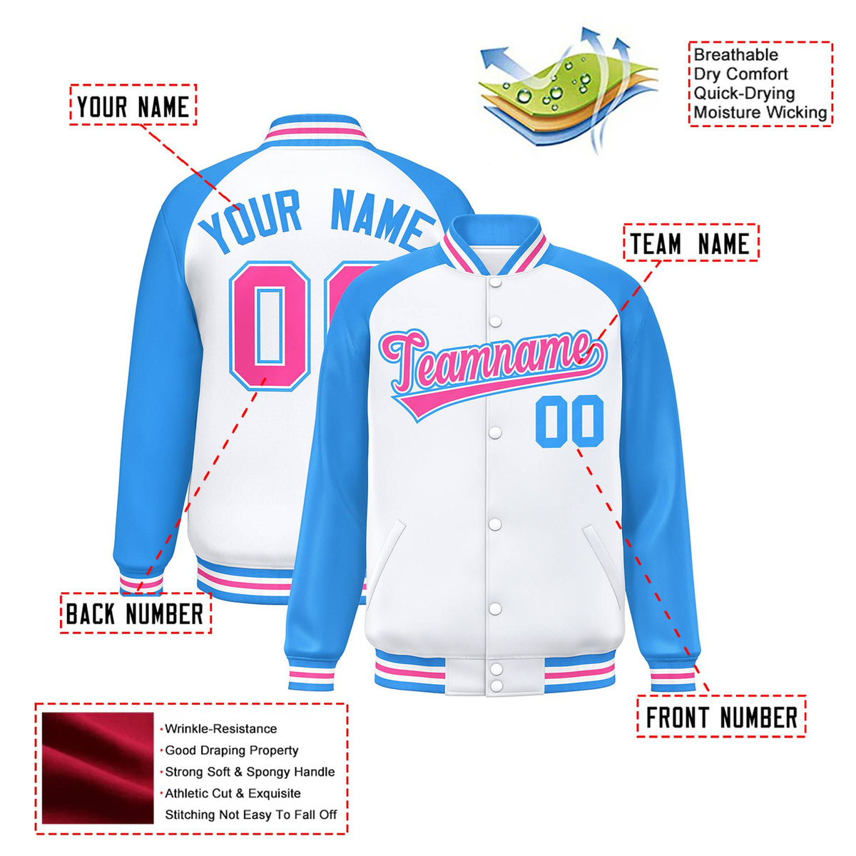 Custom White Light-Blue Pink Bomber Raglan Sleeves Varsity Letterman Jacket