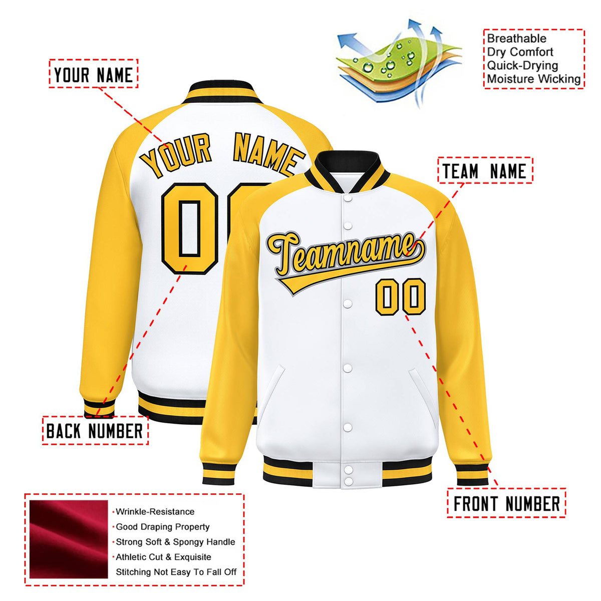 Custom White-Yellow-Black Bomber Raglan Sleeves Varsity Letterman Jacket