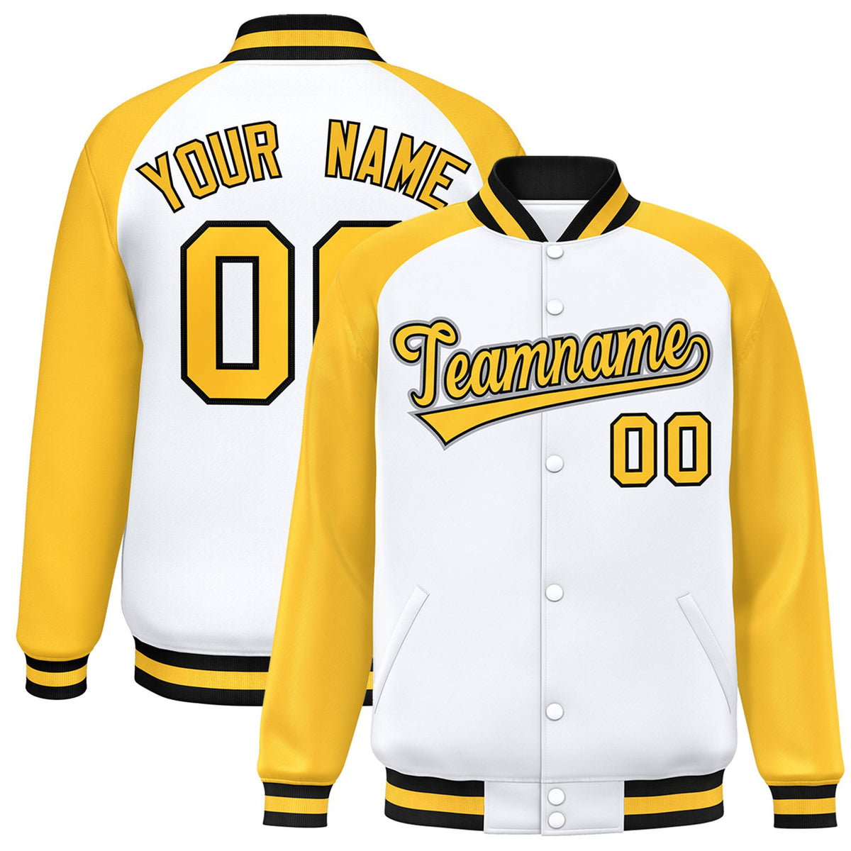 Custom White-Yellow-Black Bomber Raglan Sleeves Varsity Letterman Jacket