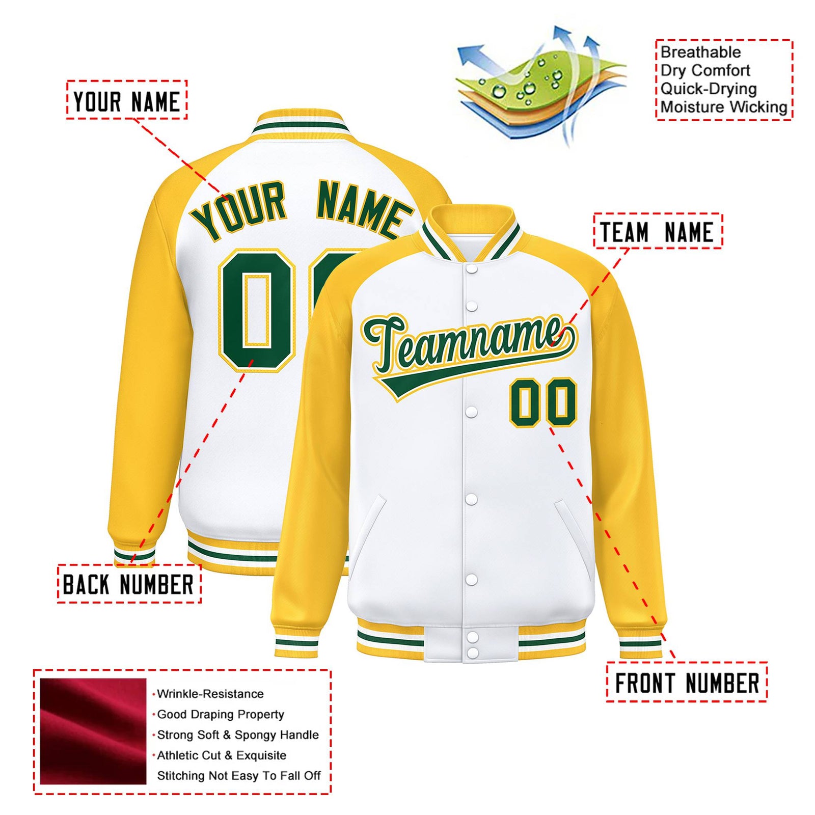 Custom White-Yellow Neon-Green Bomber Raglan Sleeves Varsity Letterman Jacket