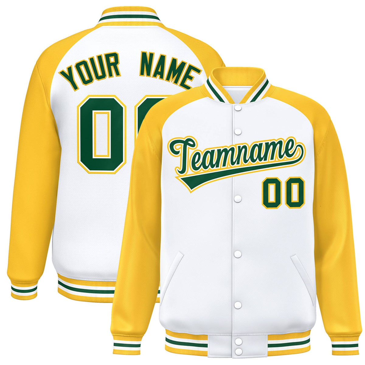 Custom White-Yellow Neon-Green Bomber Raglan Sleeves Varsity Letterman Jacket