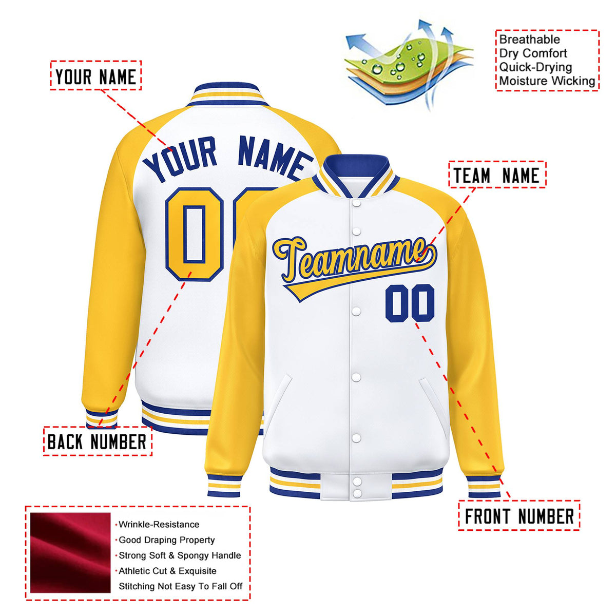 Custom White-Yellow Purple Bomber Raglan Sleeves Varsity Letterman Jacket