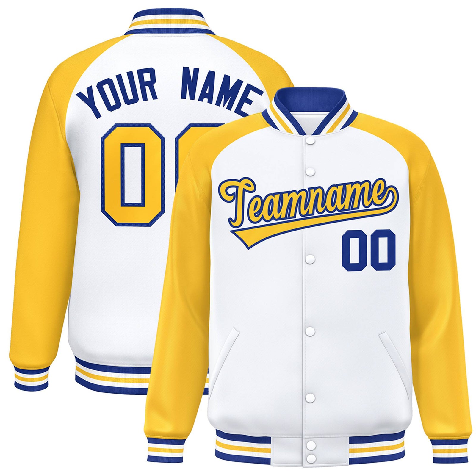 Custom White-Yellow Purple Bomber Raglan Sleeves Varsity Letterman Jacket