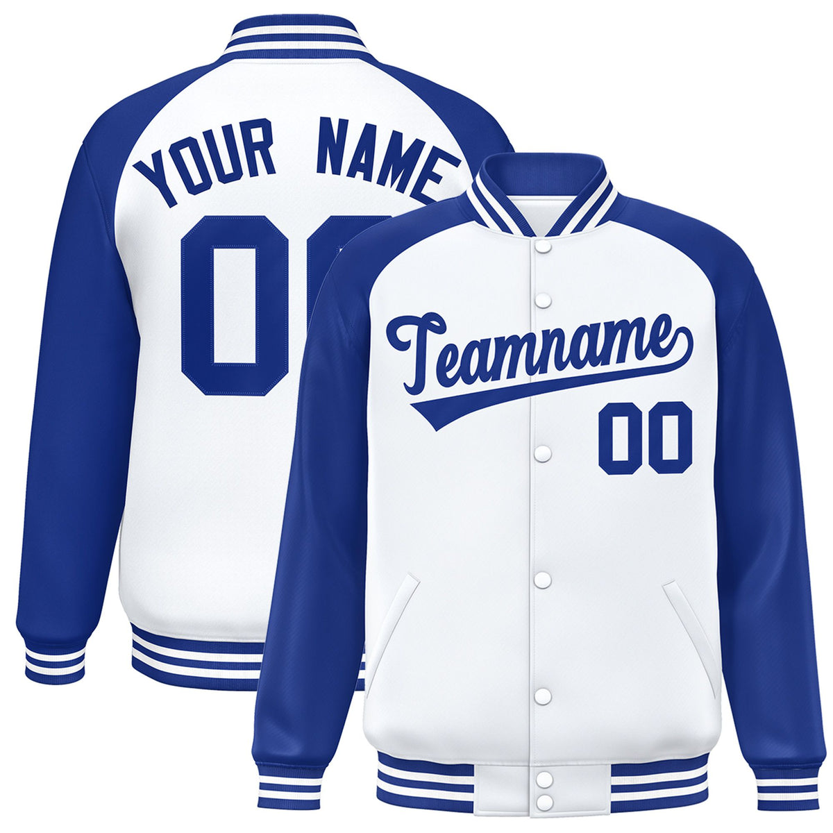 Custom White Thunder-Blue Bomber Raglan Sleeves Varsity Letterman Jacket