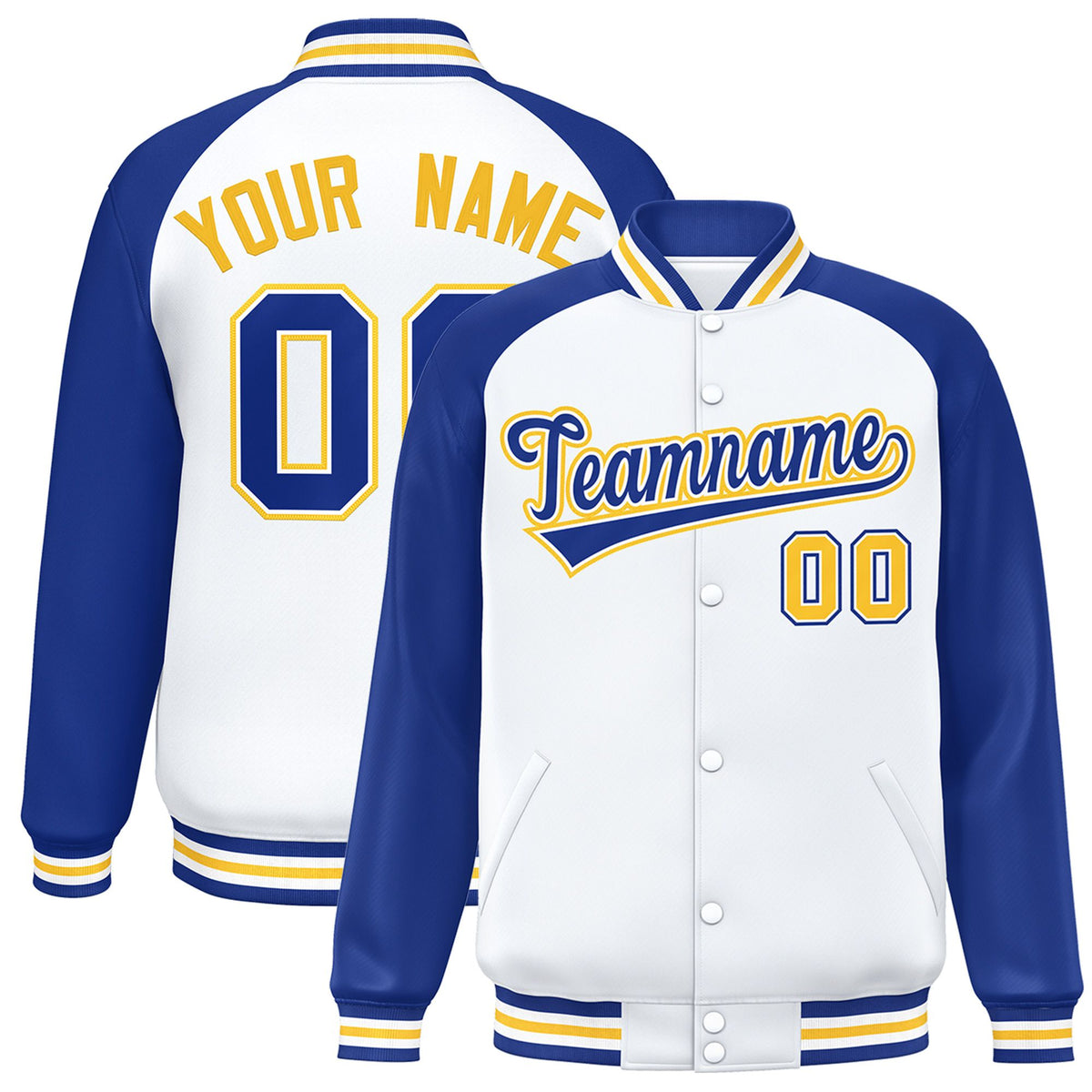 Custom White Thunder-Blue Yellow Bomber Raglan Sleeves Varsity Letterman Jacket