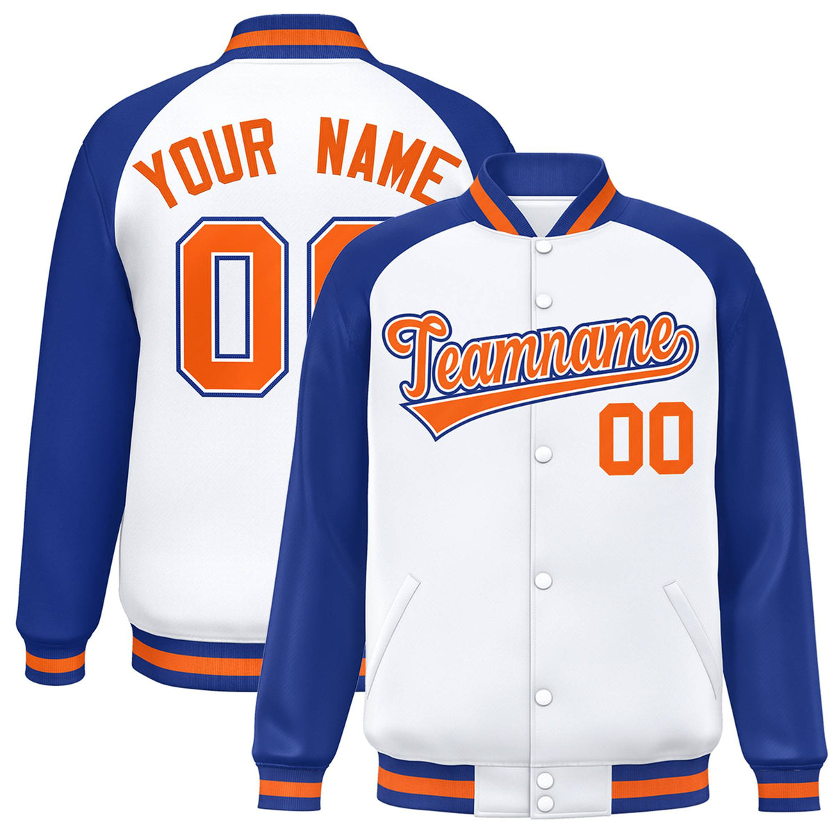 Custom White Thunder-Blue Orange Bomber Raglan Sleeves Varsity Letterman Jacket