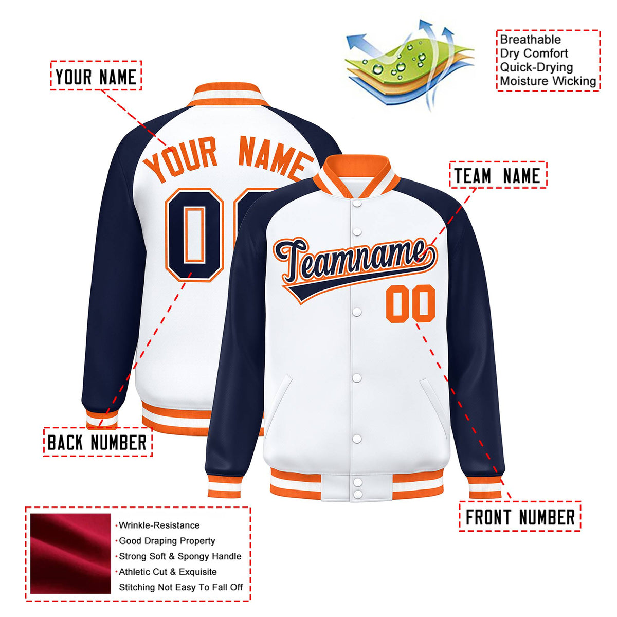 Custom White Navy Orange Bomber Raglan Sleeves Varsity Letterman Jacket
