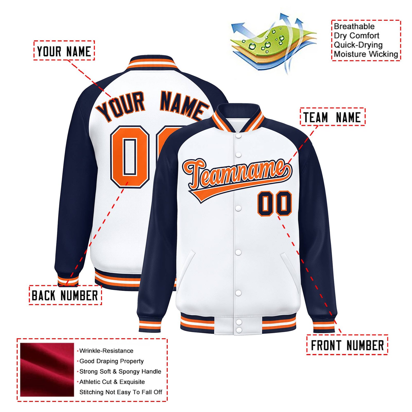 Custom White Navy Orange Bomber Raglan Sleeves Varsity Letterman Jacket