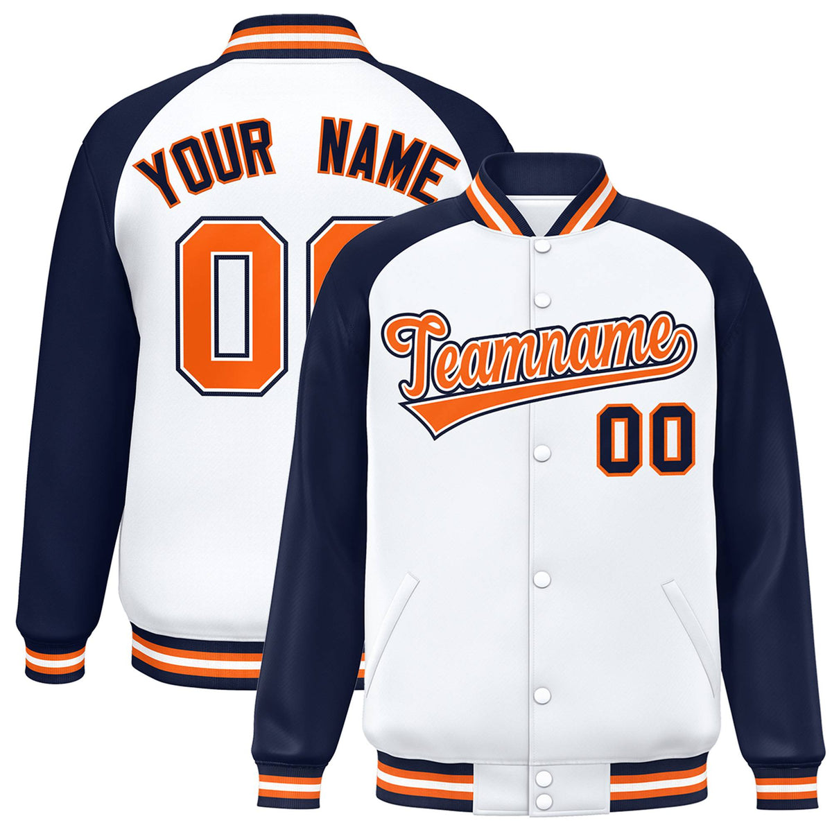 Custom White Navy Orange Bomber Raglan Sleeves Varsity Letterman Jacket