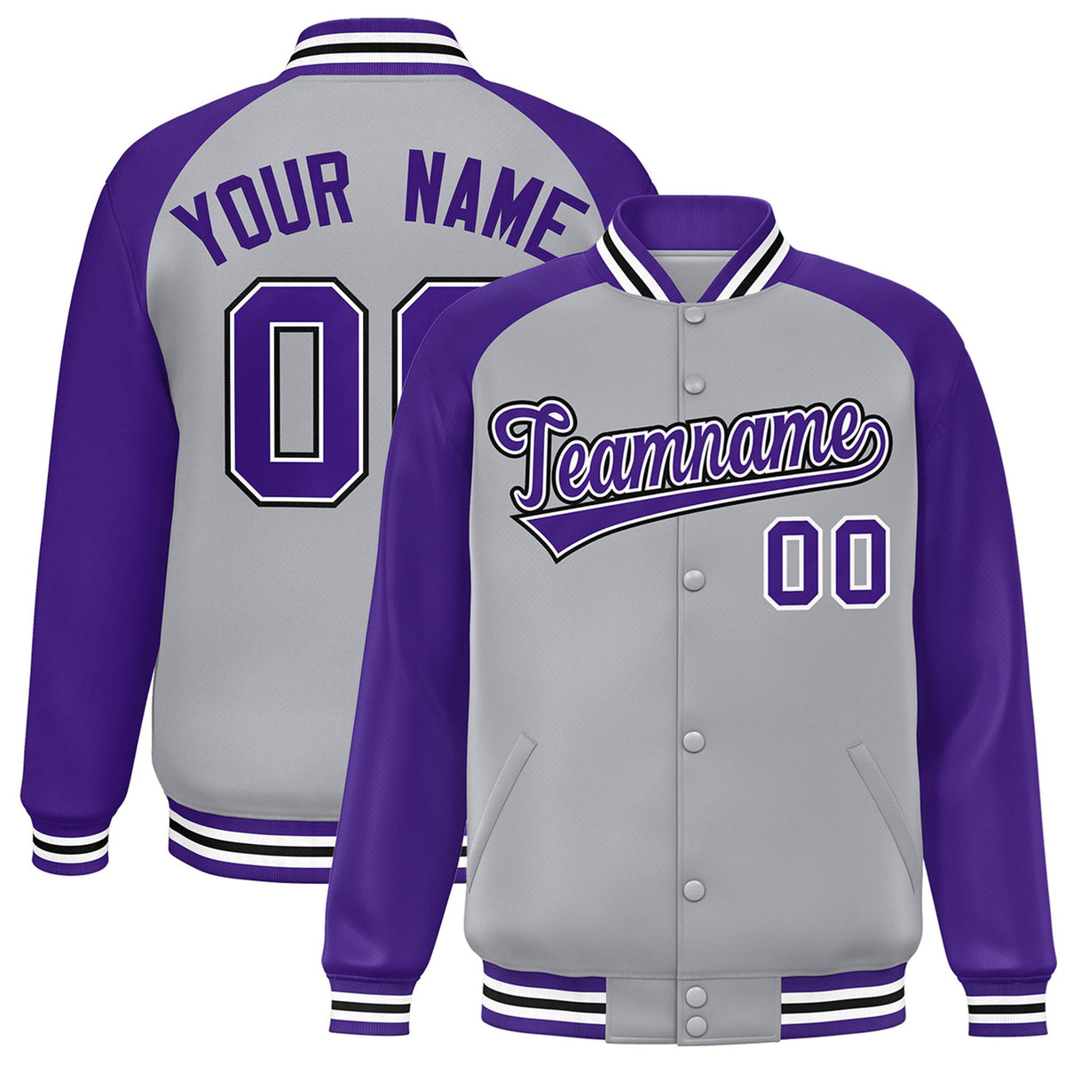 Custom Gray Purple White Bomber Raglan Sleeves Varsity Letterman Jacket