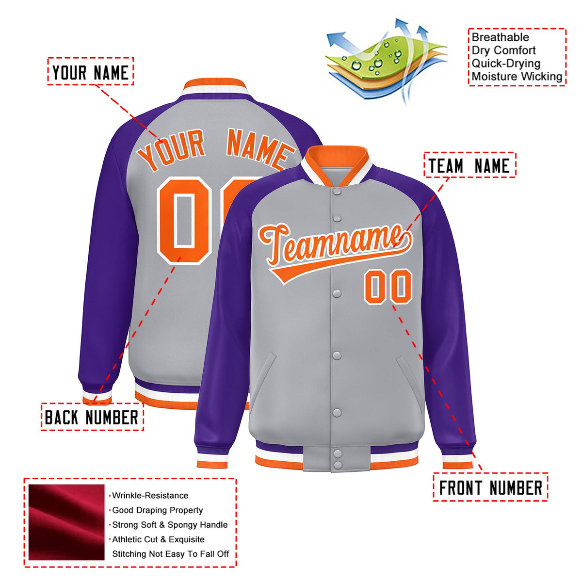 Custom Gray Purple Orange Bomber Raglan Sleeves Varsity Letterman Jacket