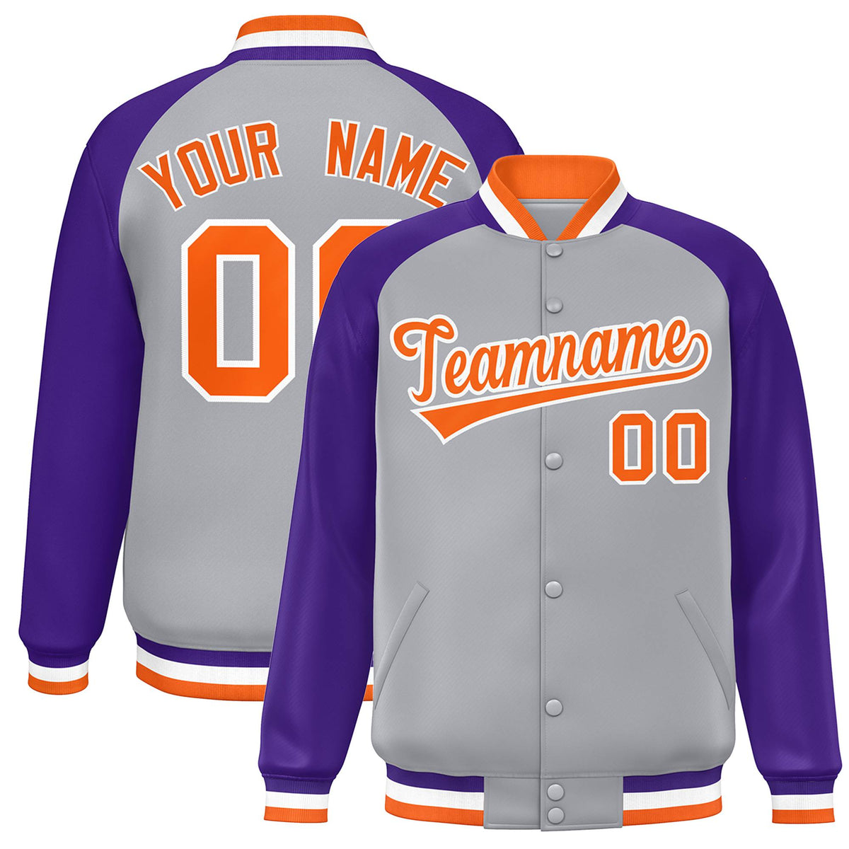 Custom Gray Purple Orange Bomber Raglan Sleeves Varsity Letterman Jacket