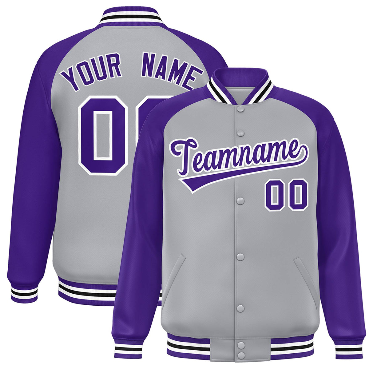 Custom Gray Purple White Bomber Raglan Sleeves Varsity Letterman Jacket
