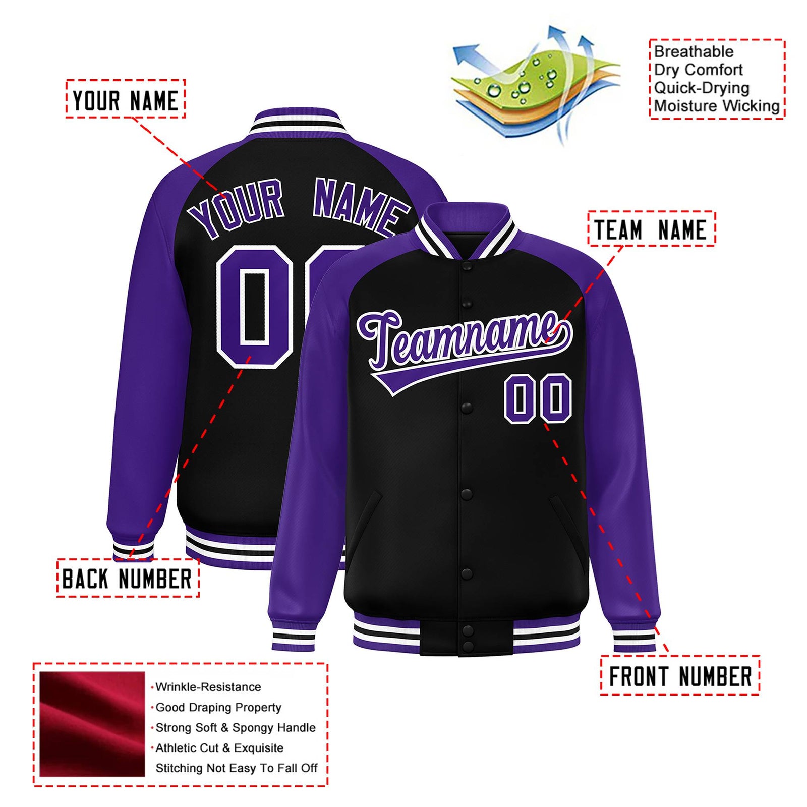 Custom Black Purple White Bomber Raglan Sleeves Varsity Letterman Jacket
