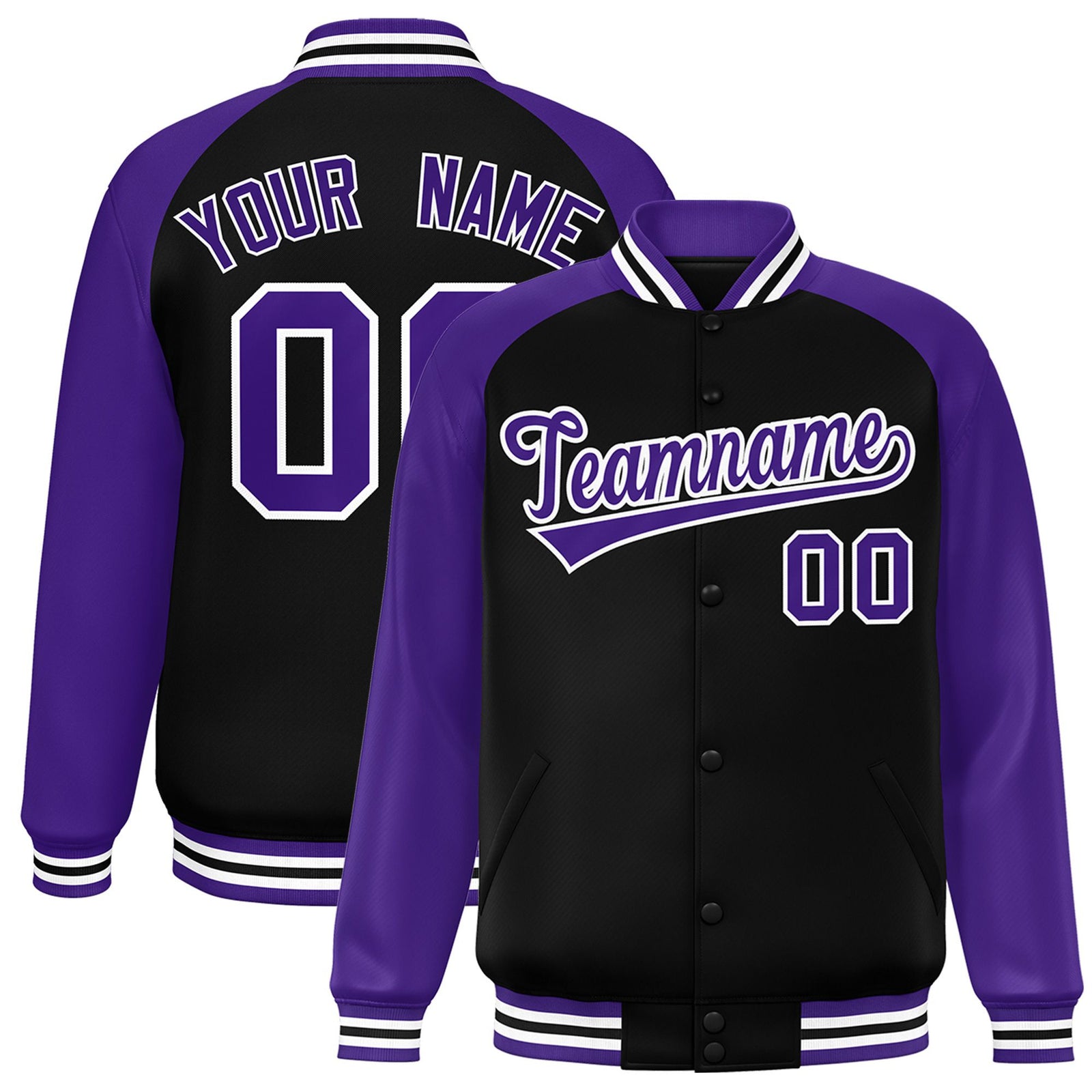 Custom Black Purple White Bomber Raglan Sleeves Varsity Letterman Jacket