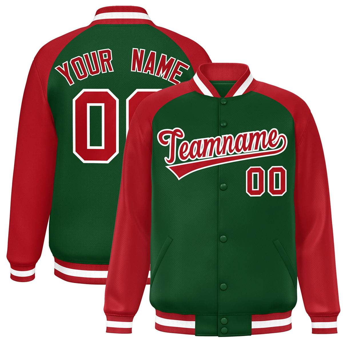 Custom Kelly Green Red White Bomber Raglan Sleeves Varsity Letterman Jacket