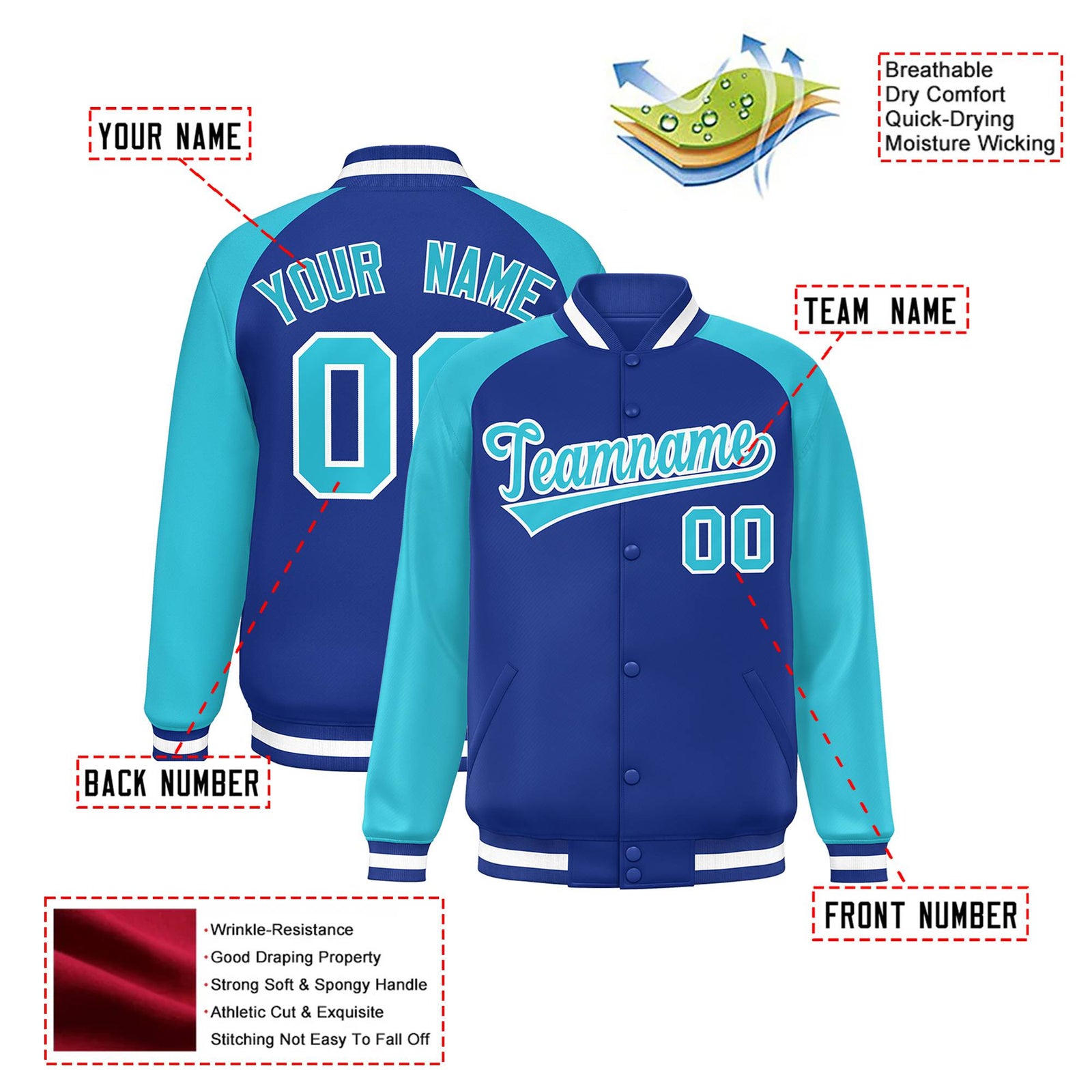 Custom Thunder-Blue Aqua-White Bomber Raglan Sleeves Varsity Letterman Jacket