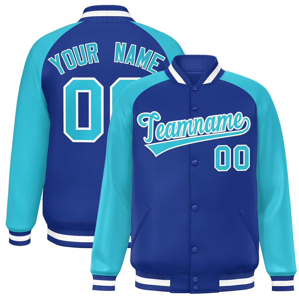 Custom Thunder-Blue Aqua-White Bomber Raglan Sleeves Varsity Letterman Jacket