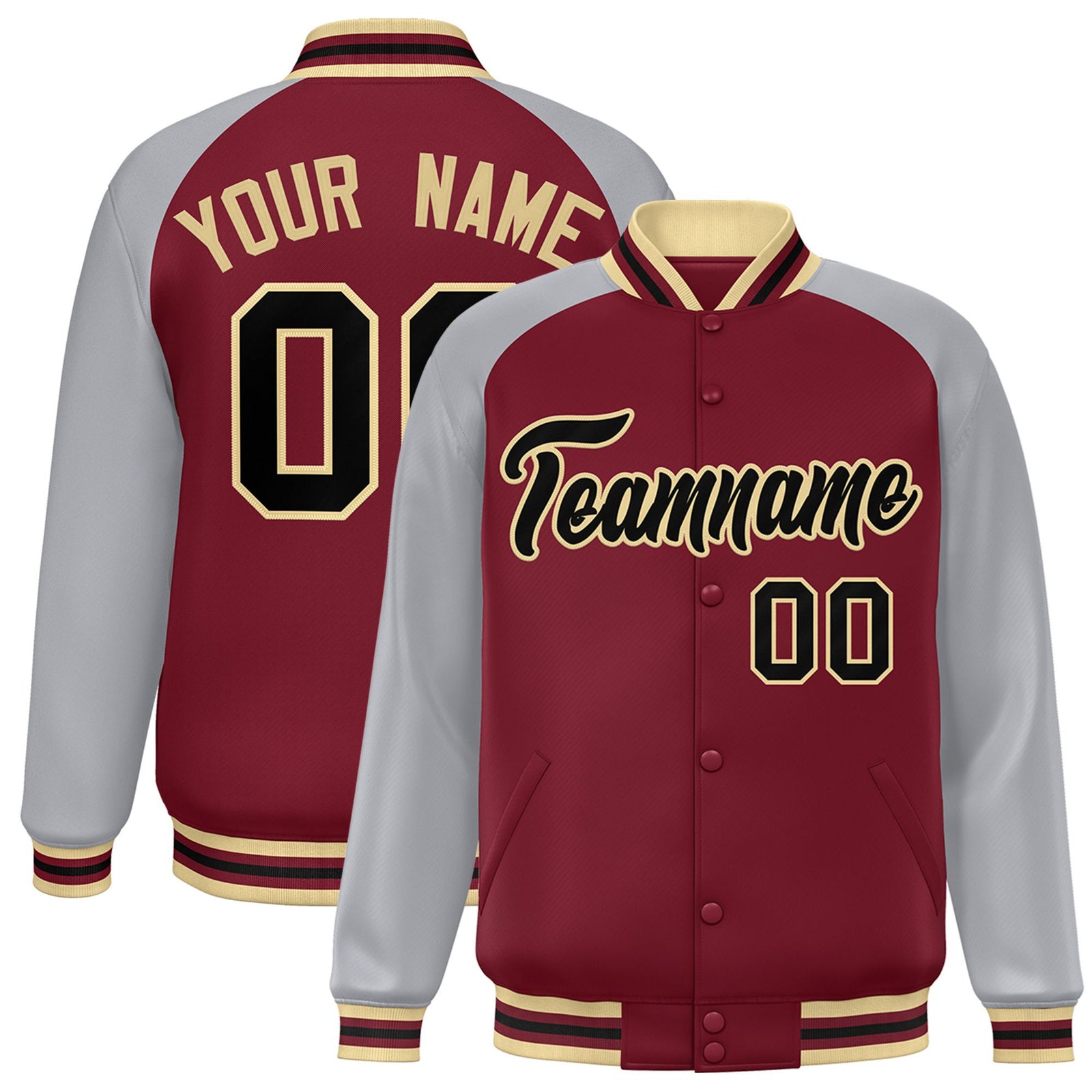 Custom Royal-Red Gray Black Old-Gold Bomber Raglan Sleeves Varsity Letterman Jacket