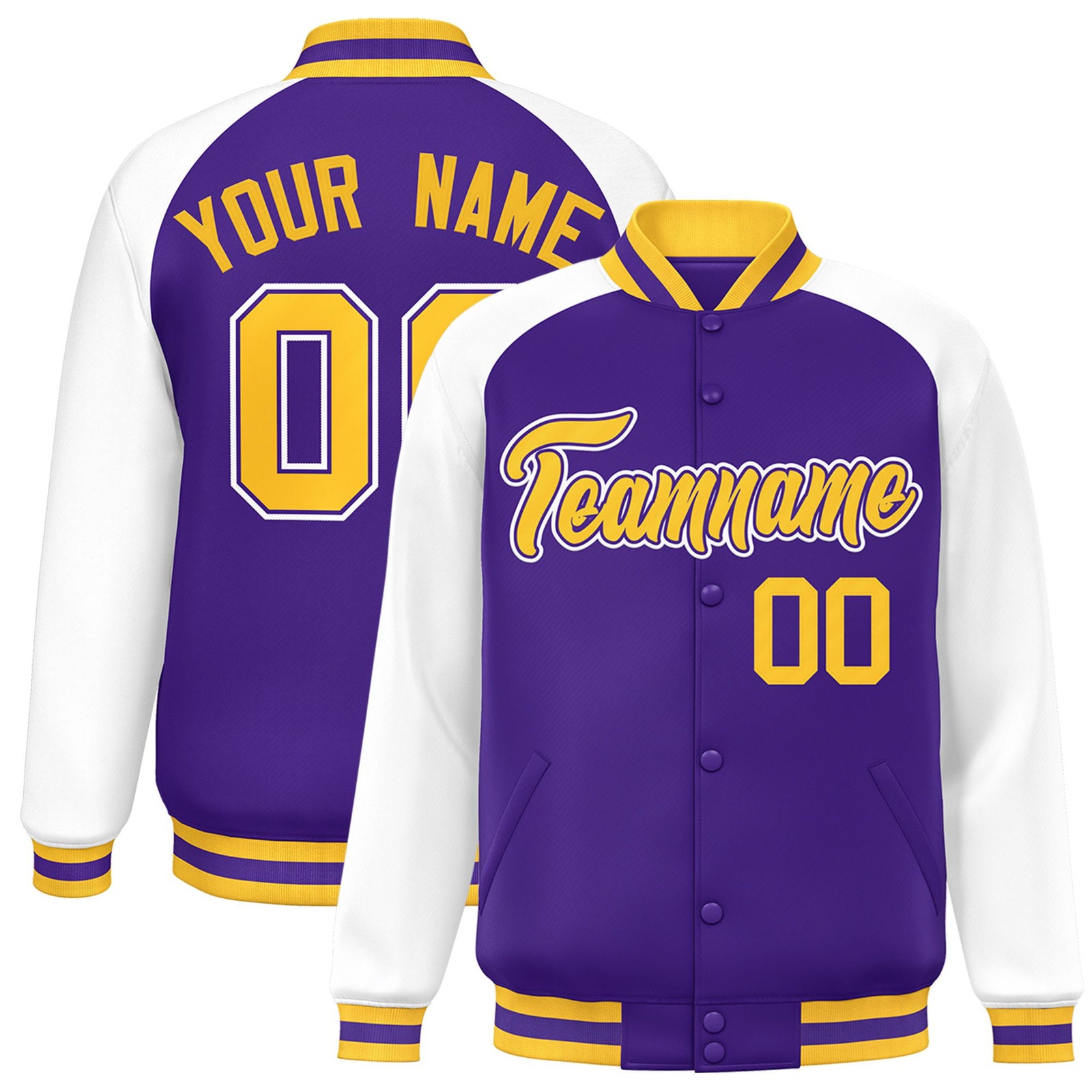 Custom Purple White-Yellow Bomber Raglan Sleeves Varsity Letterman Jacket